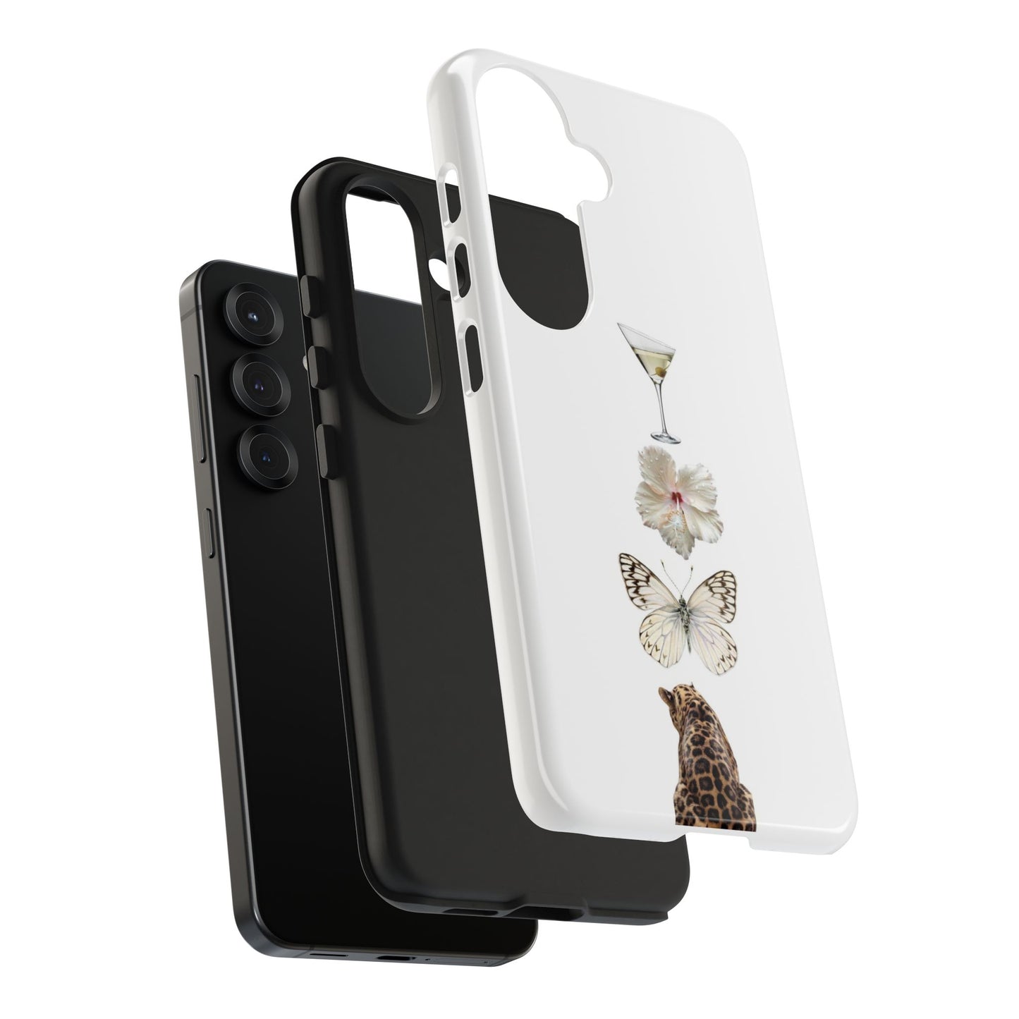 Elegant Nature-Inspired Tough Phone Case with Martini, Flower, Butterfly, and Leopard Design