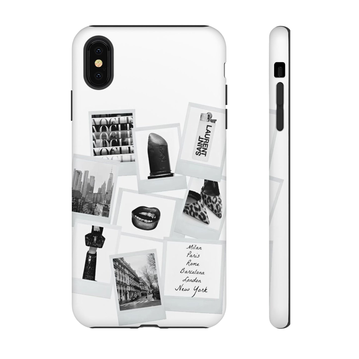 Phone Case — Black & White Polaroid Collage (City, Fashion, Lipstick)
