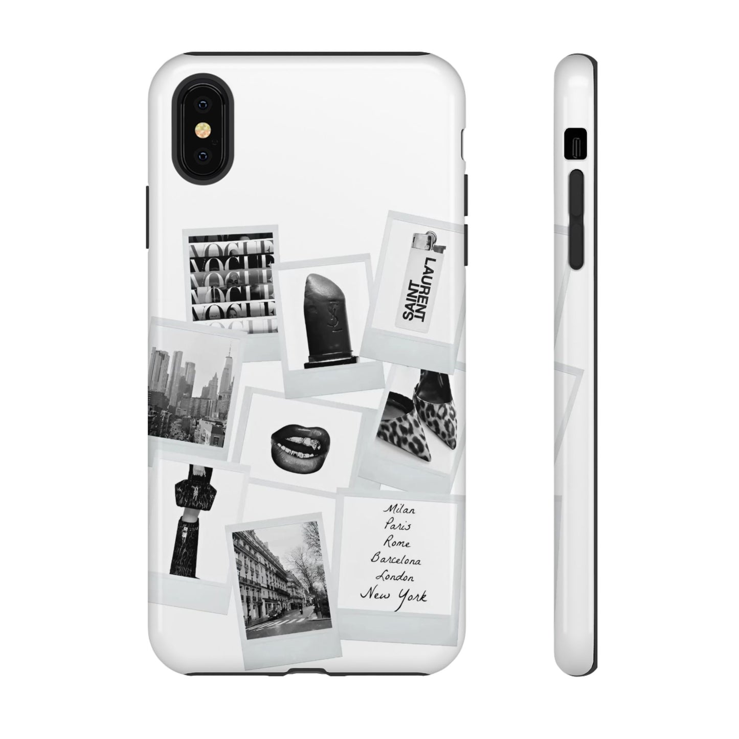 Phone Case — Black & White Polaroid Collage (City, Fashion, Lipstick)