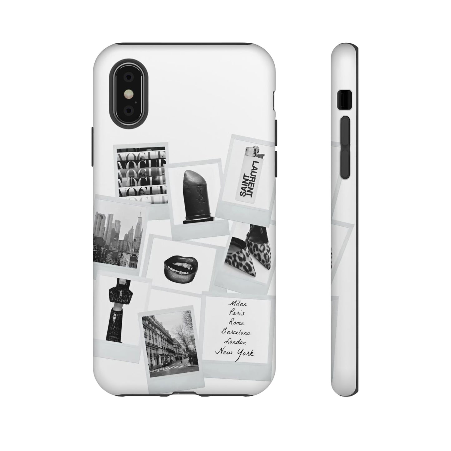 Phone Case — Black & White Polaroid Collage (City, Fashion, Lipstick)