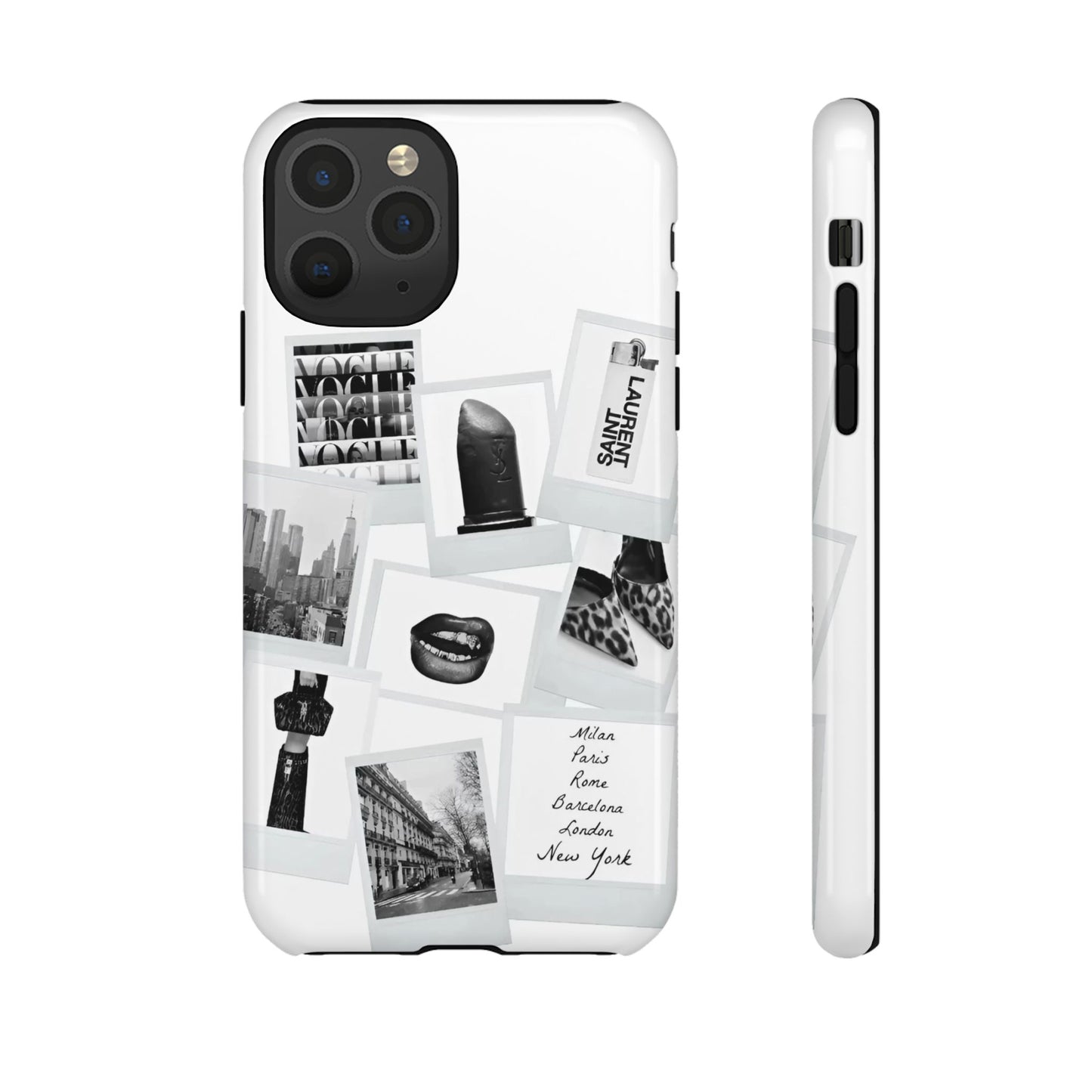 Phone Case — Black & White Polaroid Collage (City, Fashion, Lipstick)