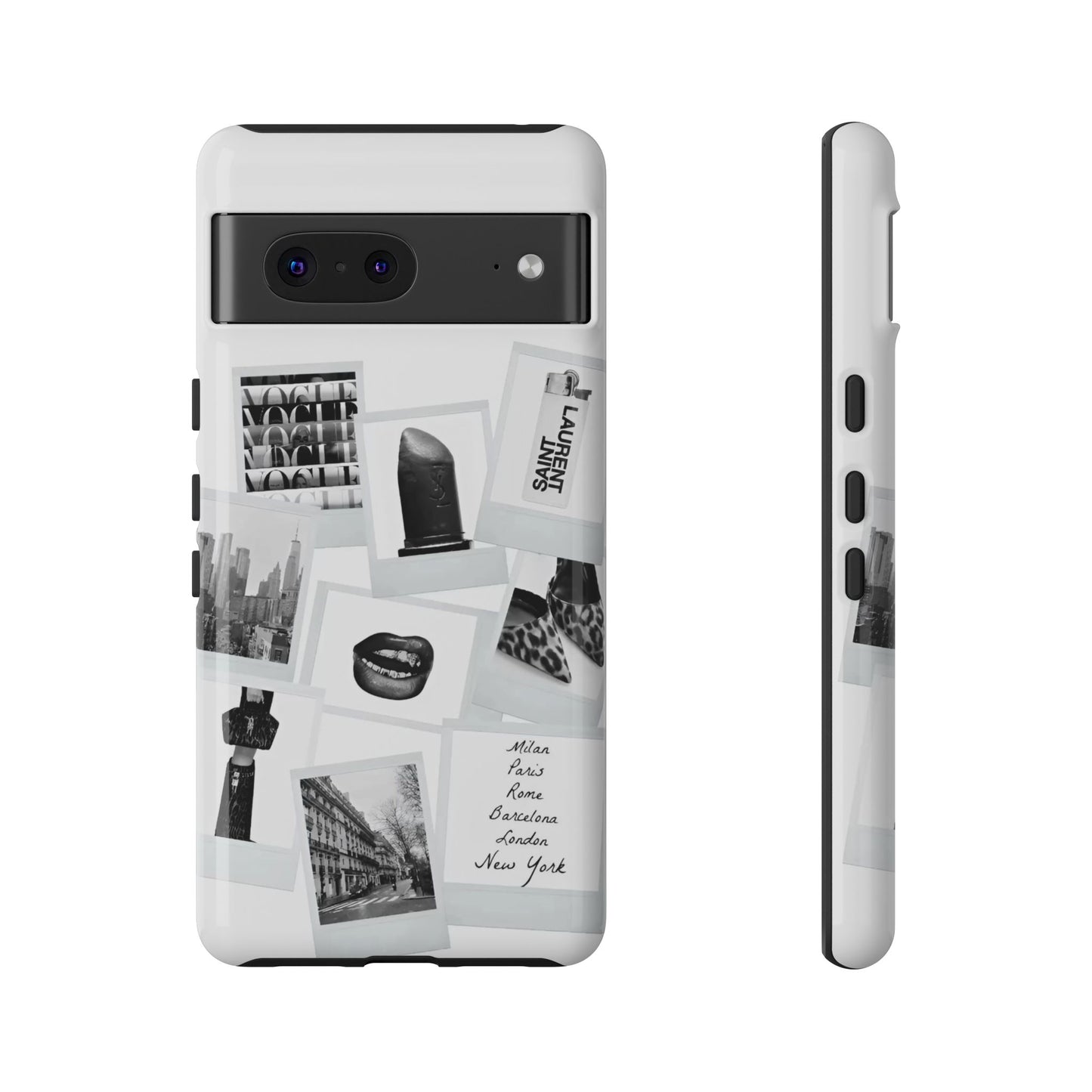 Phone Case — Black & White Polaroid Collage (City, Fashion, Lipstick)