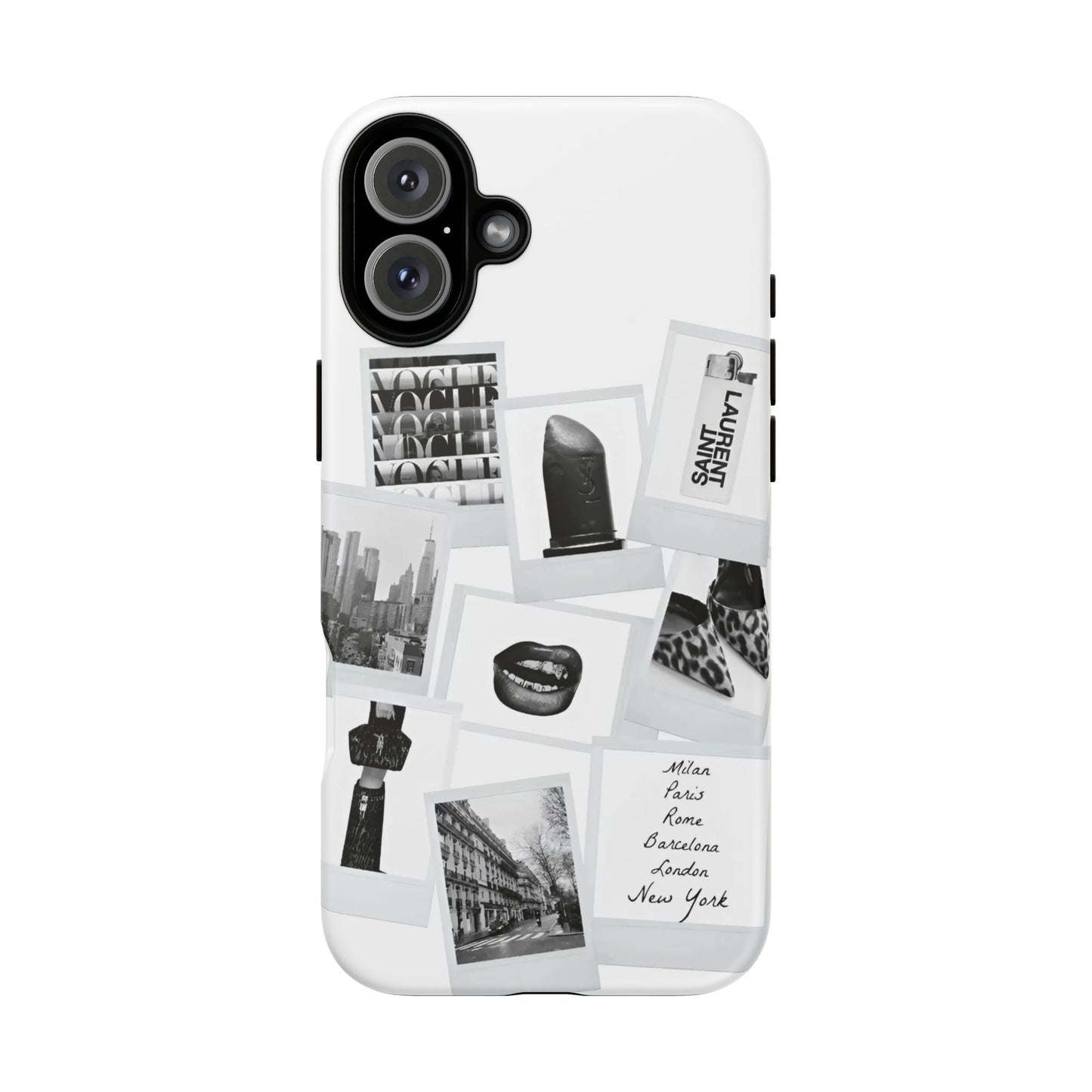 Phone Case — Black & White Polaroid Collage (City, Fashion, Lipstick)
