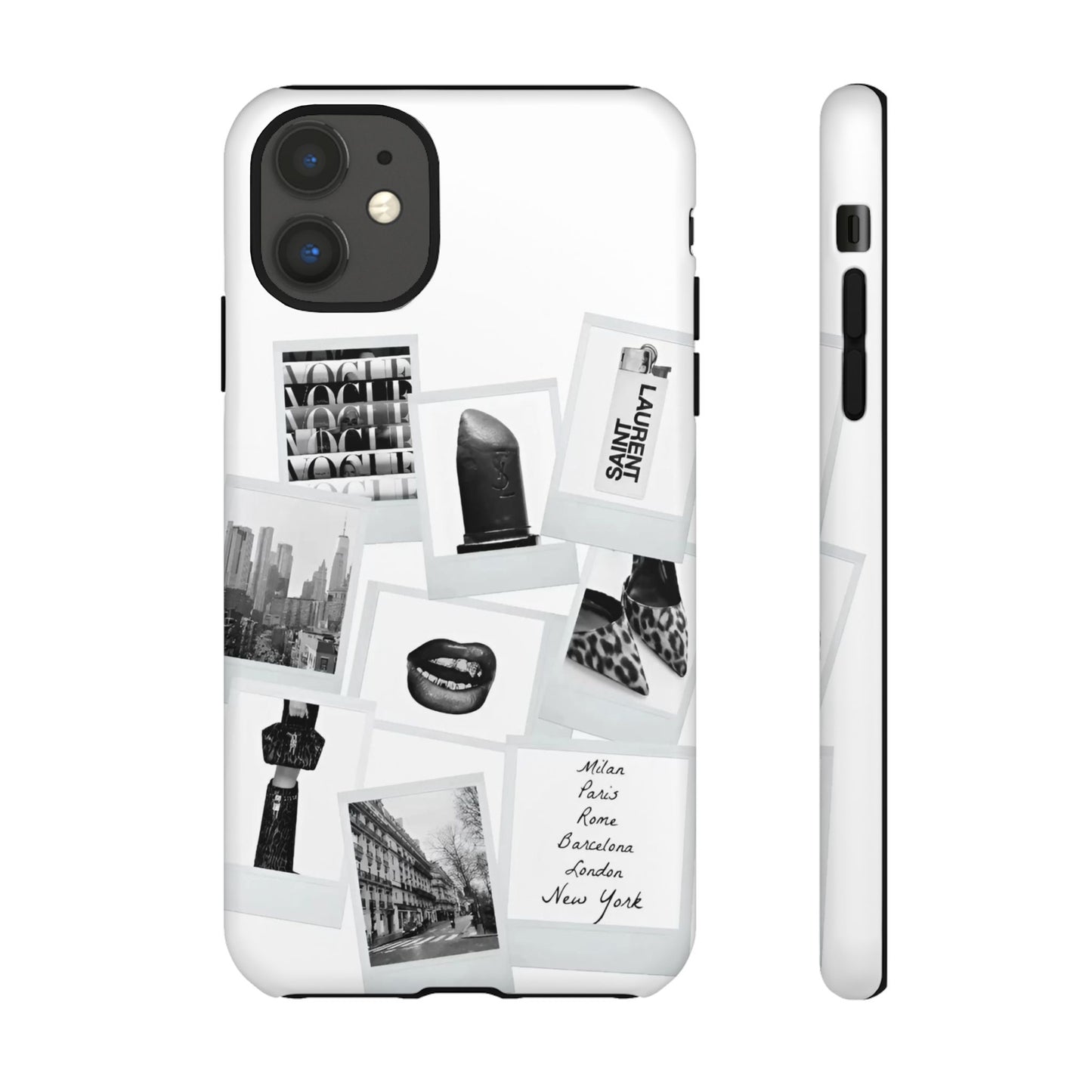 Phone Case — Black & White Polaroid Collage (City, Fashion, Lipstick)