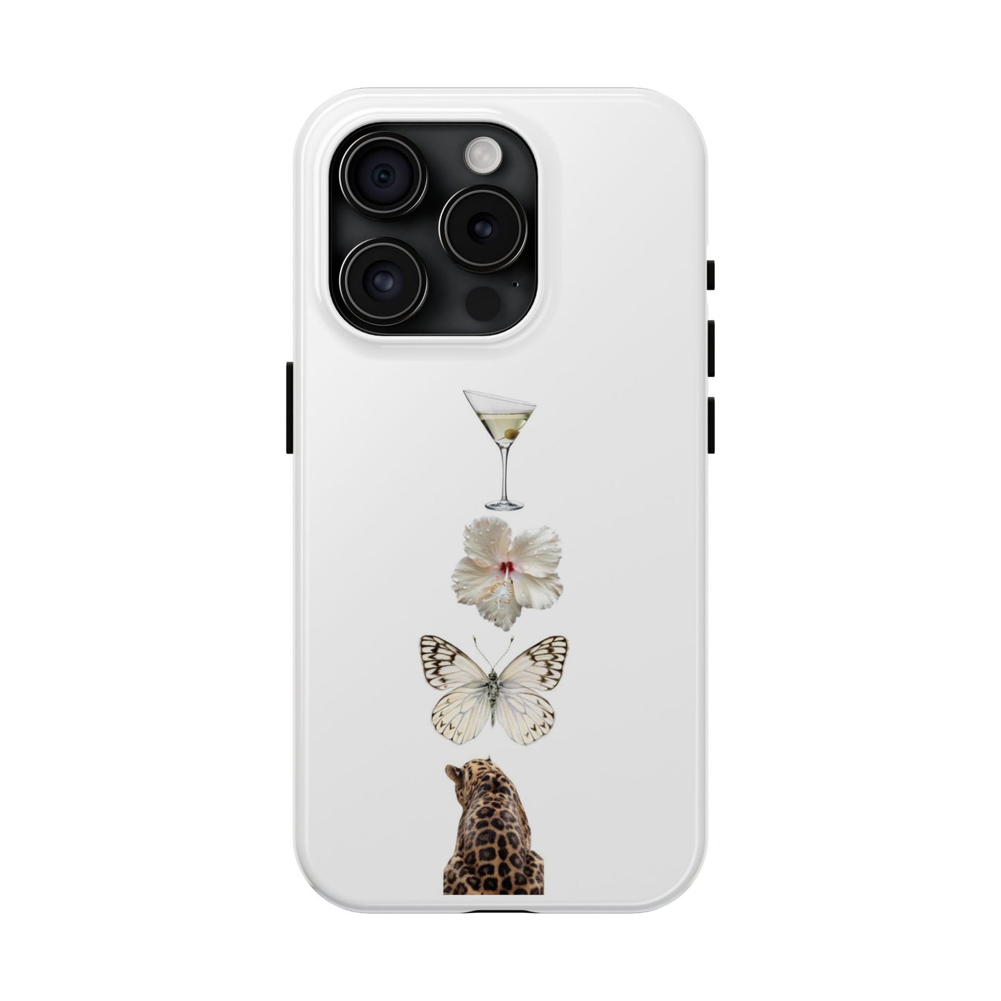 Elegant Nature-Inspired Tough Phone Case with Martini, Flower, Butterfly, and Leopard Design