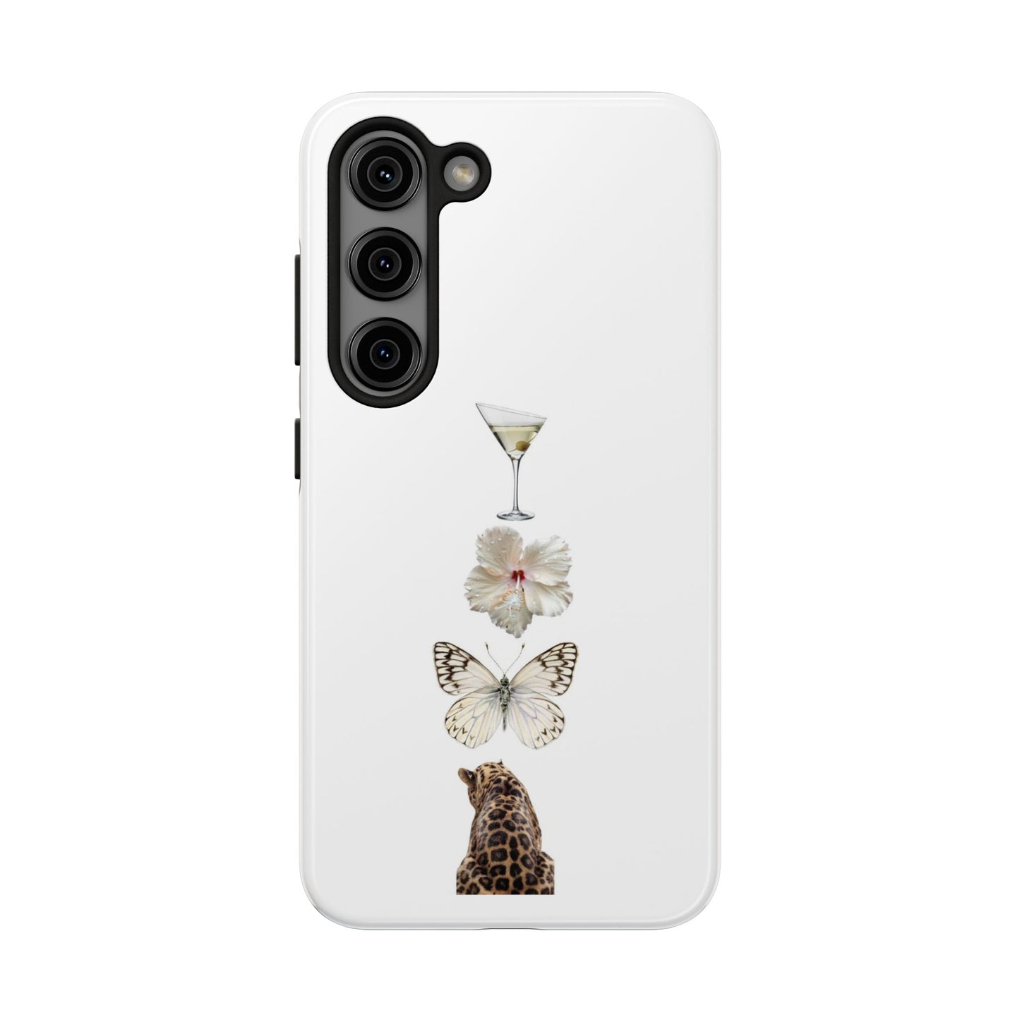 Elegant Nature-Inspired Tough Phone Case with Martini, Flower, Butterfly, and Leopard Design