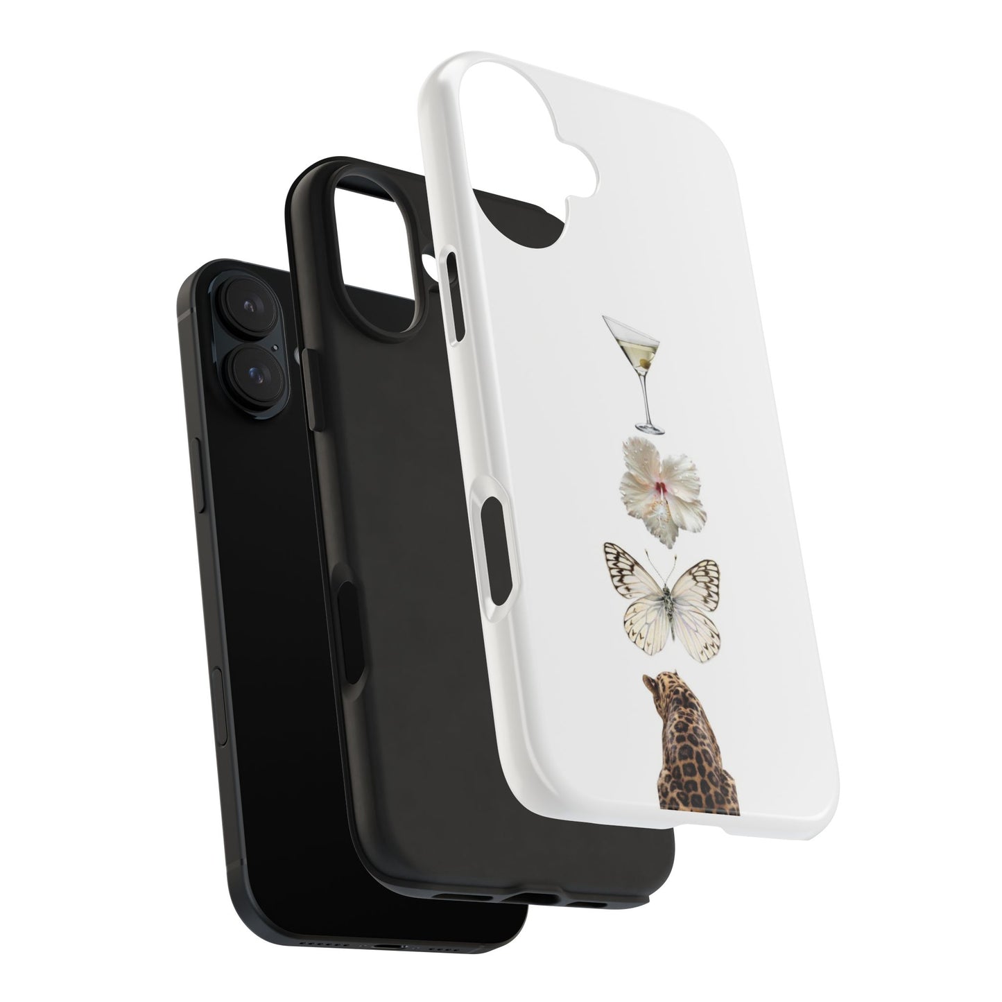 Elegant Nature-Inspired Tough Phone Case with Martini, Flower, Butterfly, and Leopard Design