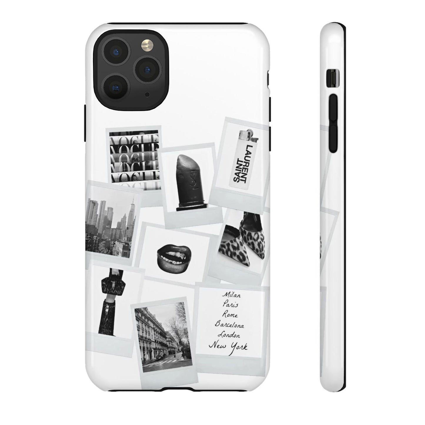 Phone Case — Black & White Polaroid Collage (City, Fashion, Lipstick)