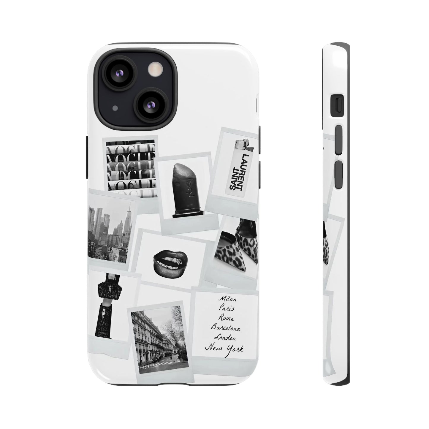 Phone Case — Black & White Polaroid Collage (City, Fashion, Lipstick)