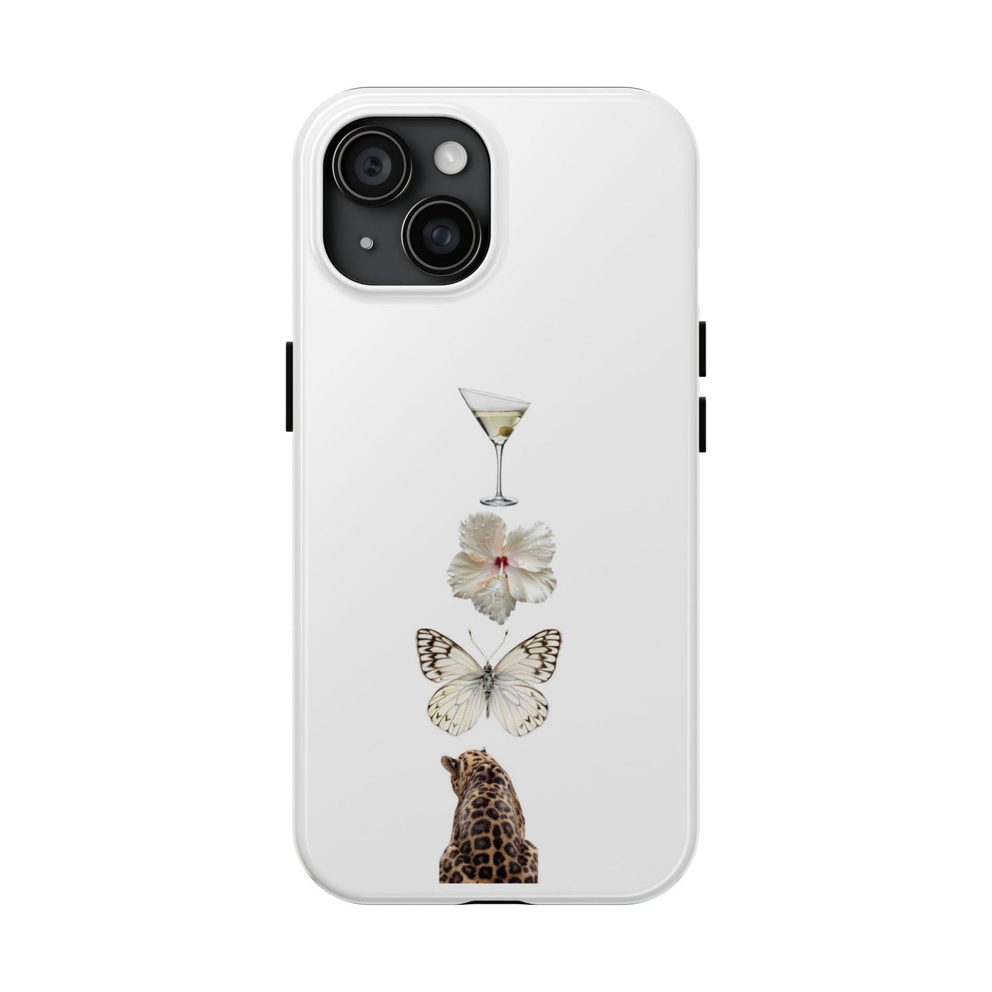 Elegant Nature-Inspired Tough Phone Case with Martini, Flower, Butterfly, and Leopard Design
