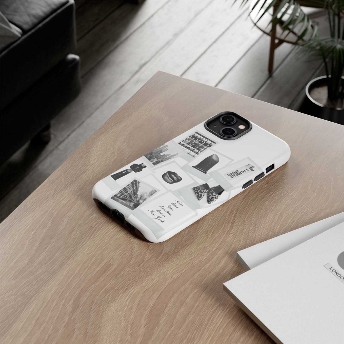 Phone Case — Black & White Polaroid Collage (City, Fashion, Lipstick)