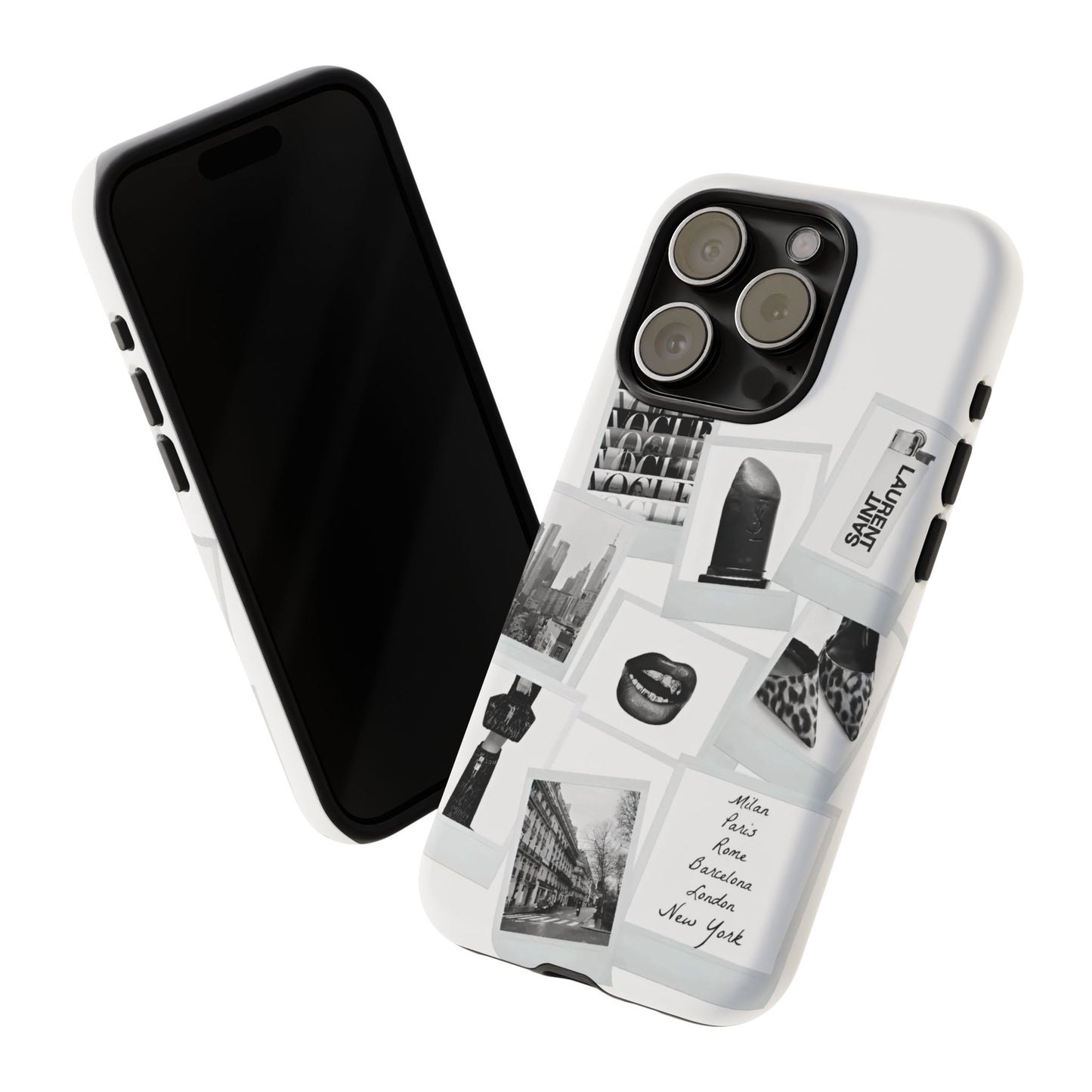 Phone Case — Black & White Polaroid Collage (City, Fashion, Lipstick)