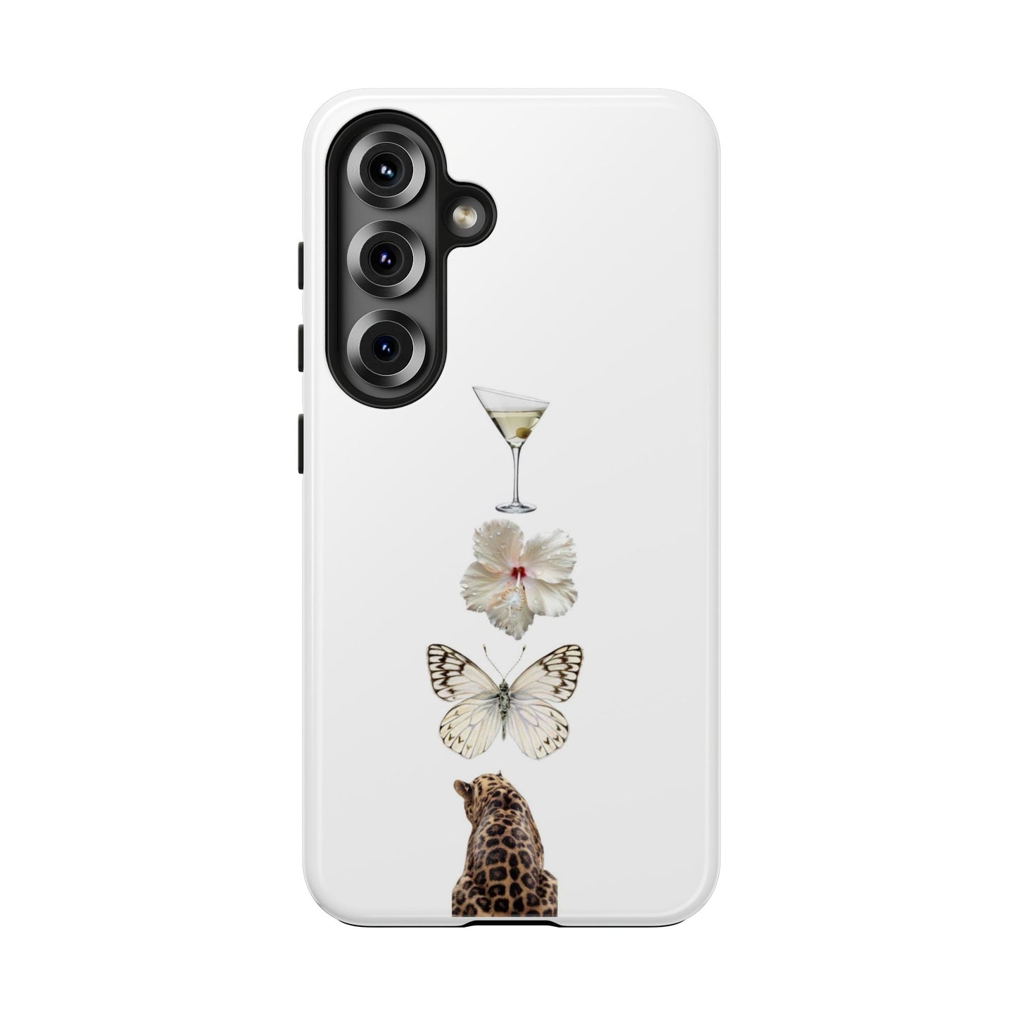 Elegant Nature-Inspired Tough Phone Case with Martini, Flower, Butterfly, and Leopard Design
