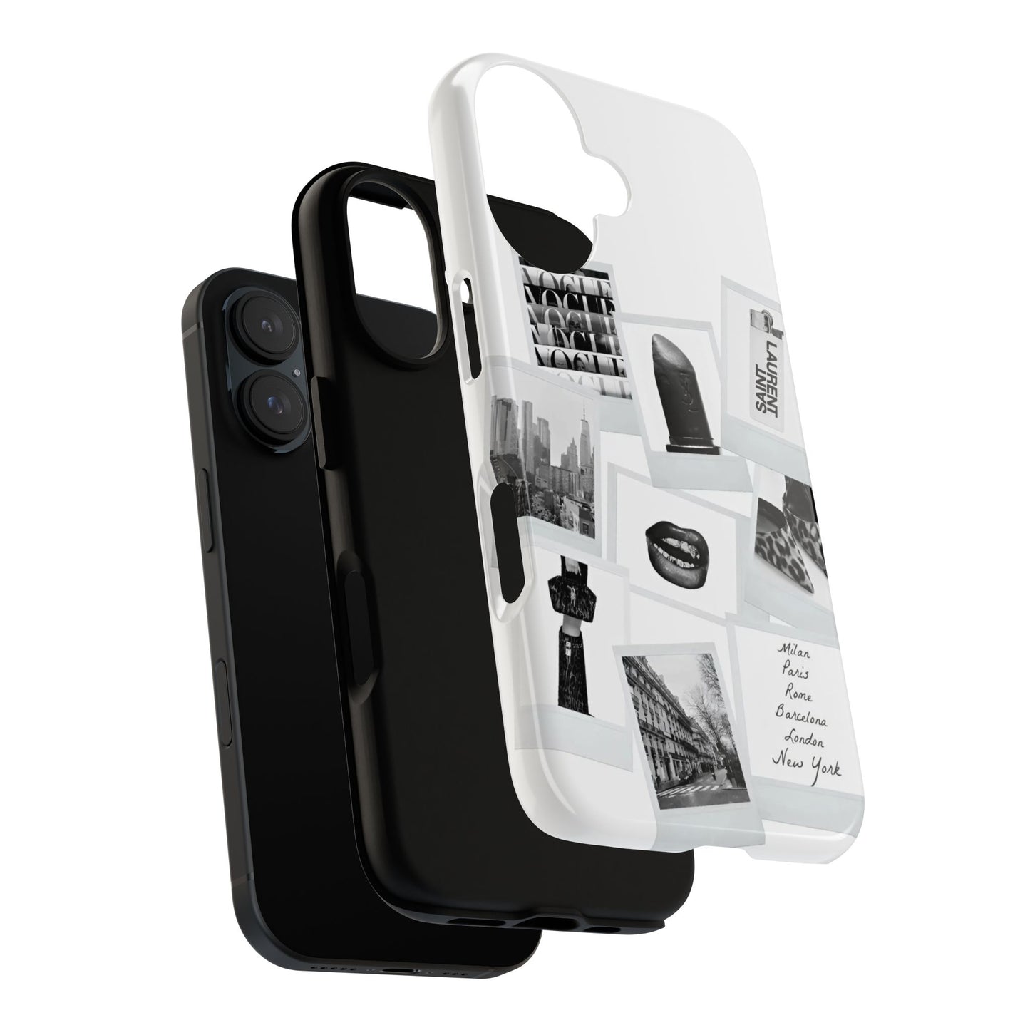 Phone Case — Black & White Polaroid Collage (City, Fashion, Lipstick)