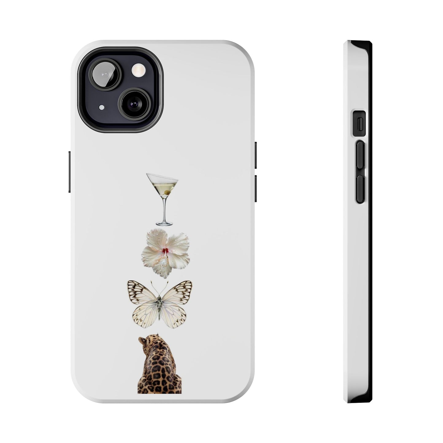 Elegant Nature-Inspired Tough Phone Case with Martini, Flower, Butterfly, and Leopard Design