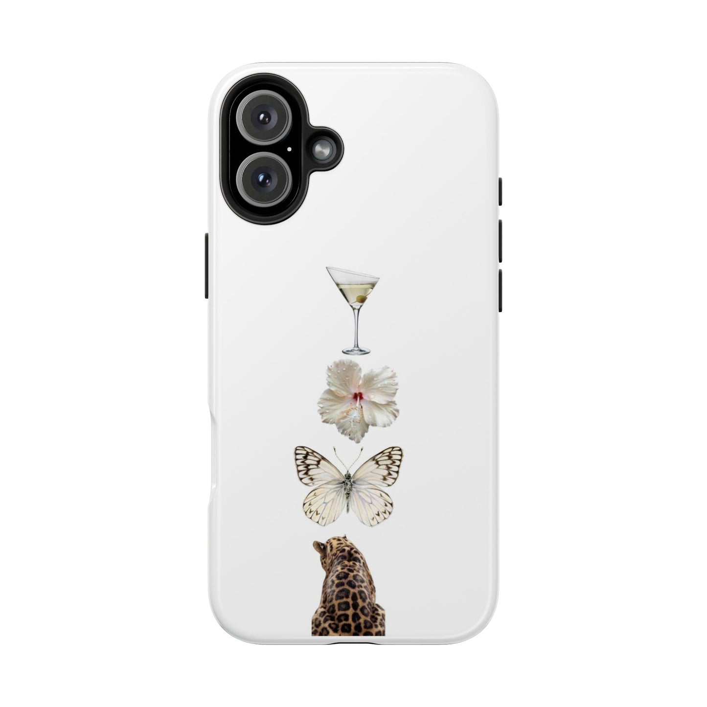 Elegant Nature-Inspired Tough Phone Case with Martini, Flower, Butterfly, and Leopard Design