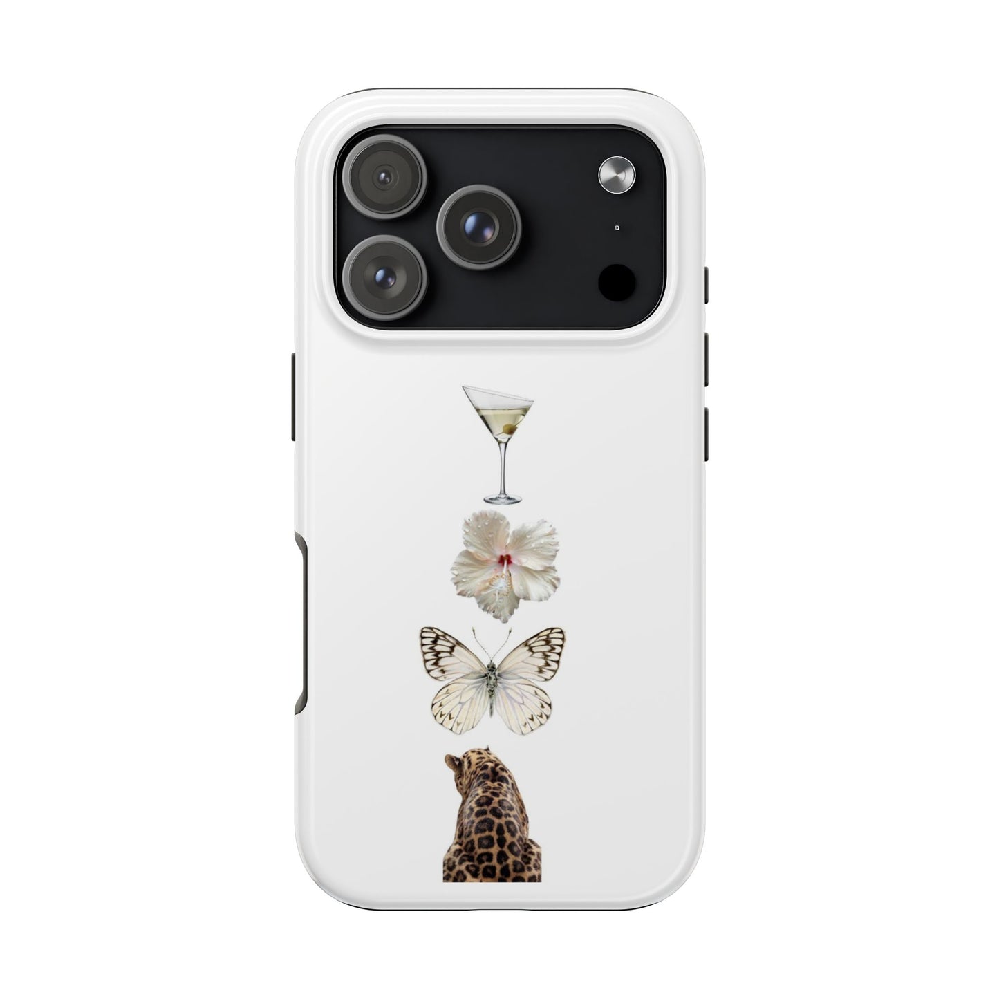 Elegant Nature-Inspired Tough Phone Case with Martini, Flower, Butterfly, and Leopard Design