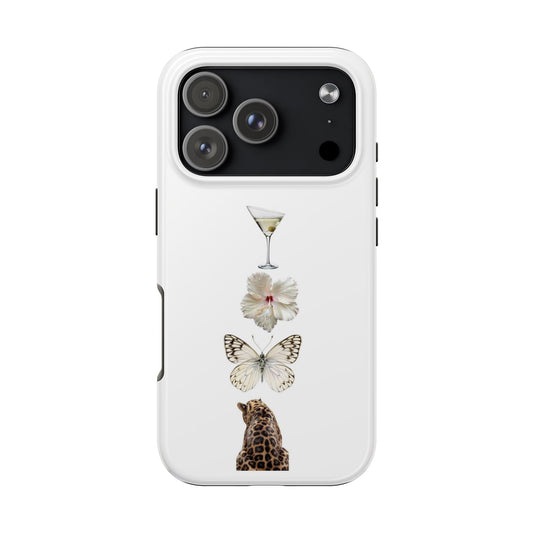 Elegant Nature-Inspired Tough Phone Case with Martini, Flower, Butterfly, and Leopard Design