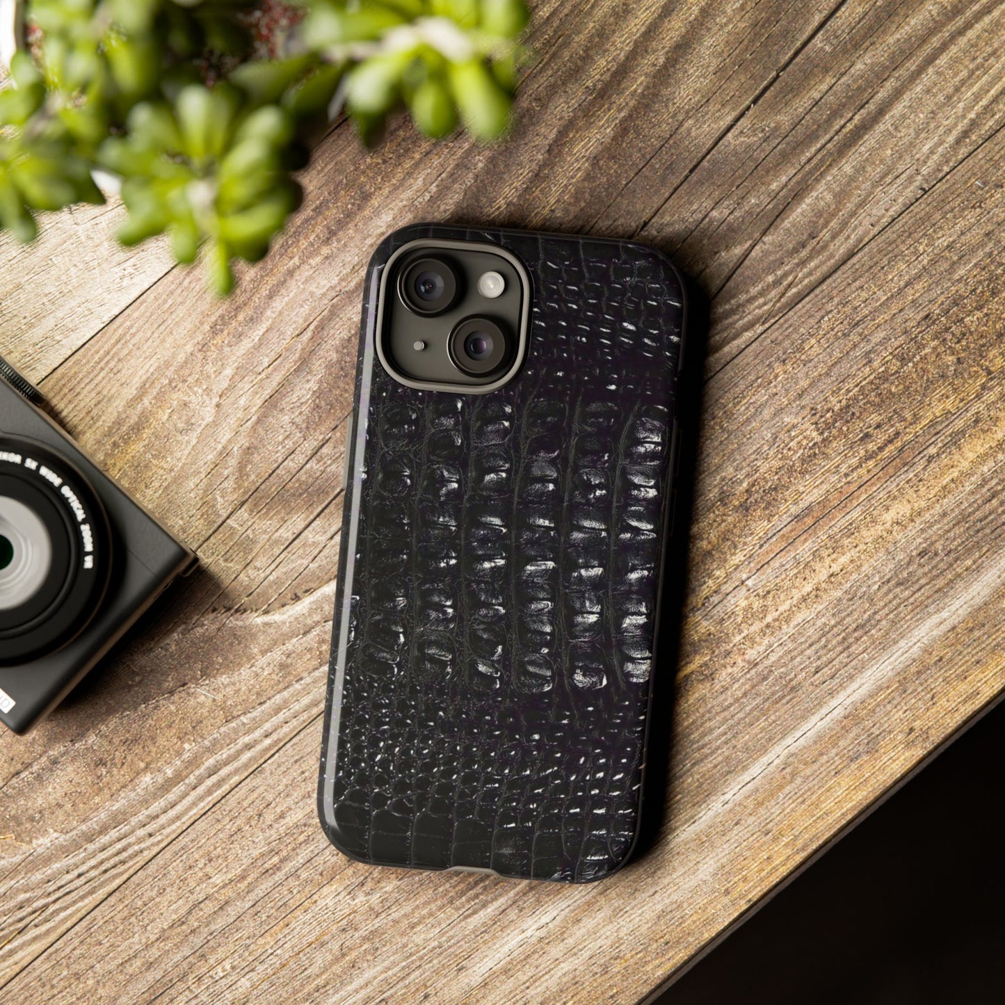 Black Croc Texture Tough Phone Case — Rugged Protective iPhone Cover
