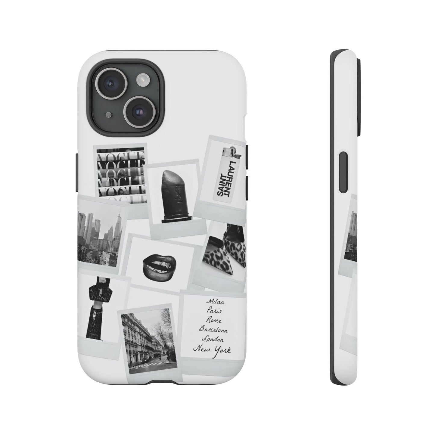 Phone Case — Black & White Polaroid Collage (City, Fashion, Lipstick)
