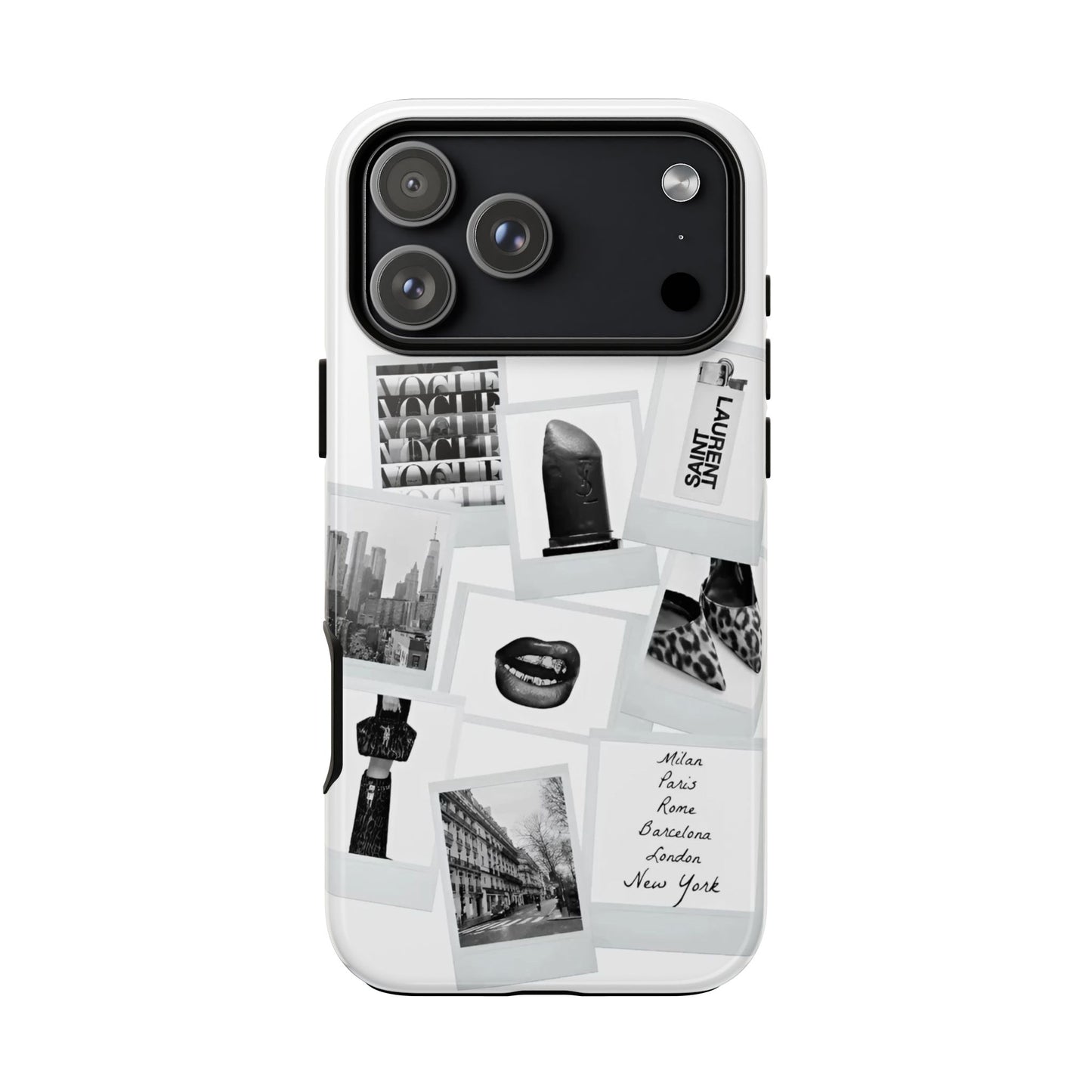 Phone Case — Black & White Polaroid Collage (City, Fashion, Lipstick)