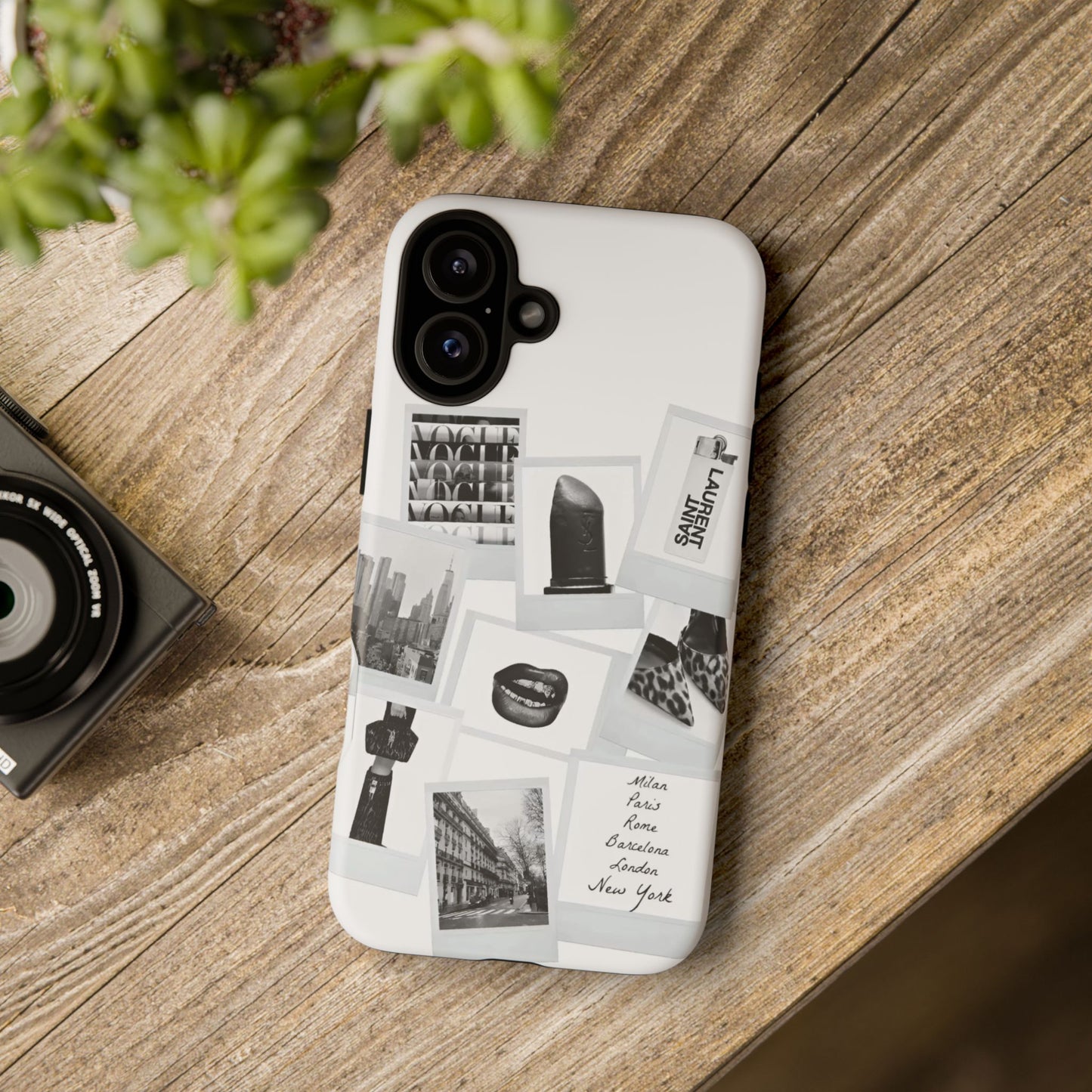Phone Case — Black & White Polaroid Collage (City, Fashion, Lipstick)
