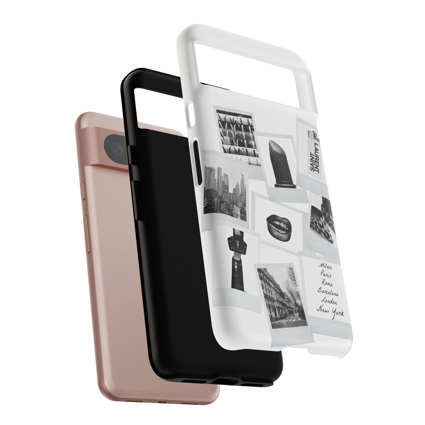 Phone Case — Black & White Polaroid Collage (City, Fashion, Lipstick)