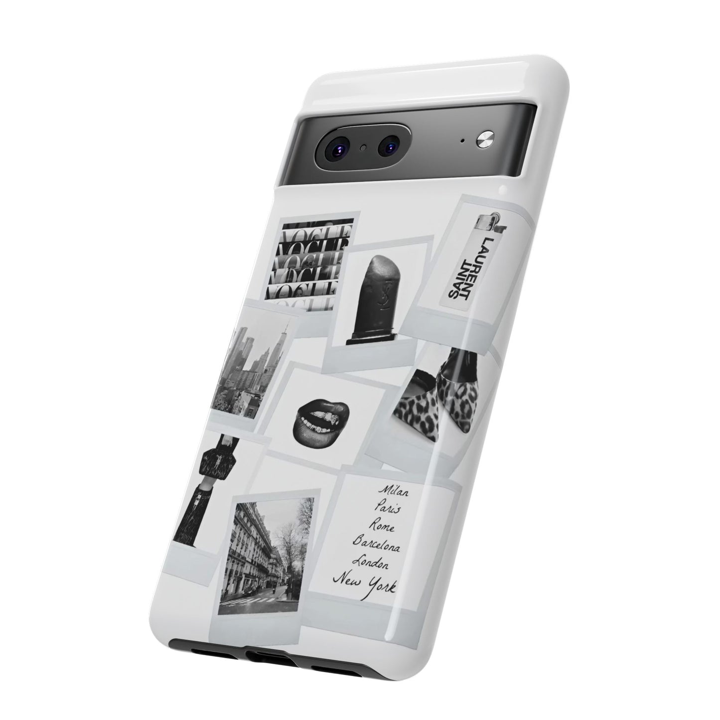 Phone Case — Black & White Polaroid Collage (City, Fashion, Lipstick)