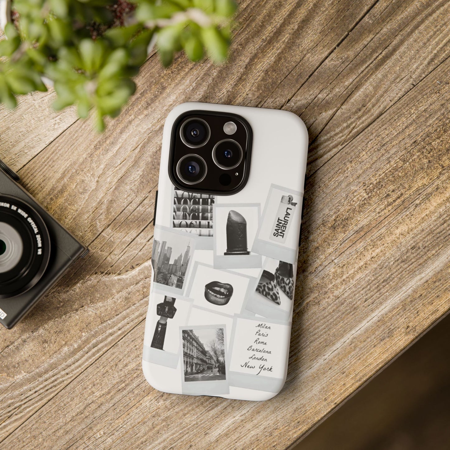 Phone Case — Black & White Polaroid Collage (City, Fashion, Lipstick)