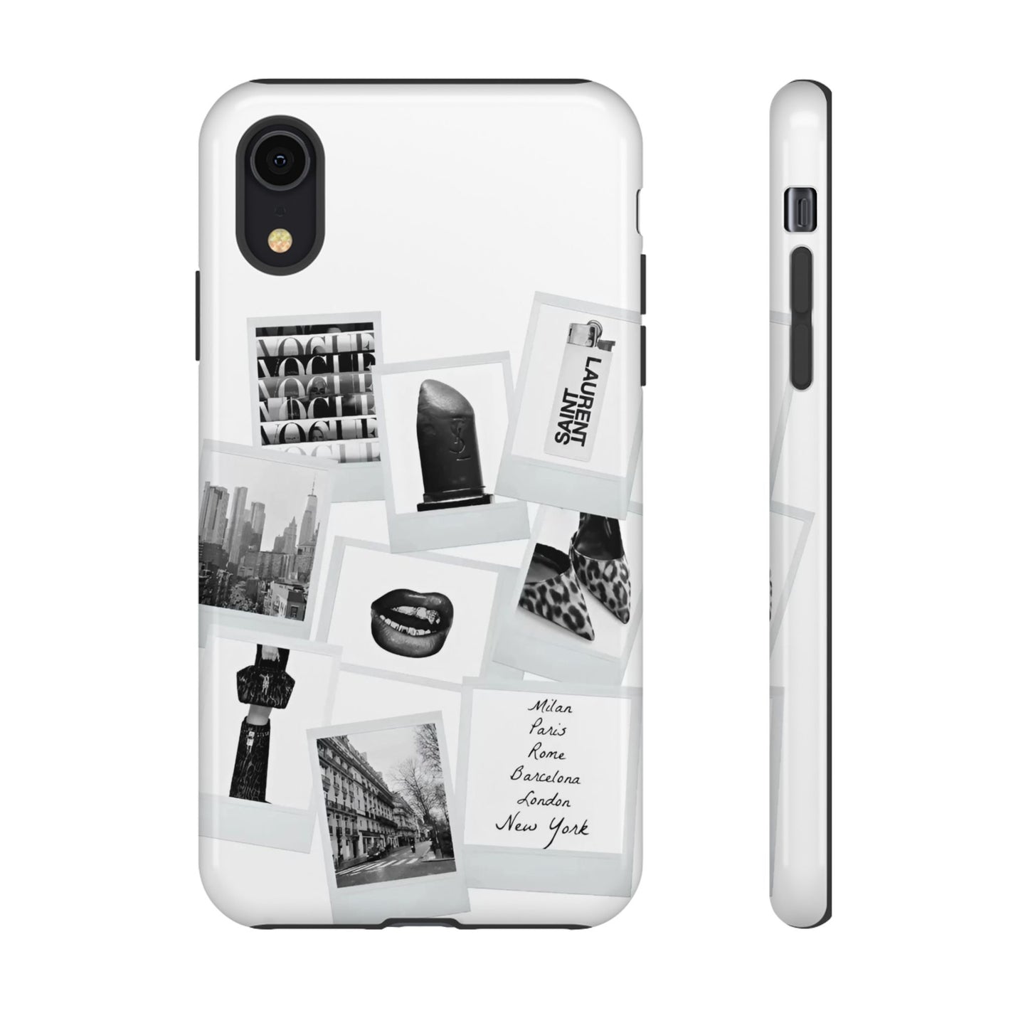 Phone Case — Black & White Polaroid Collage (City, Fashion, Lipstick)