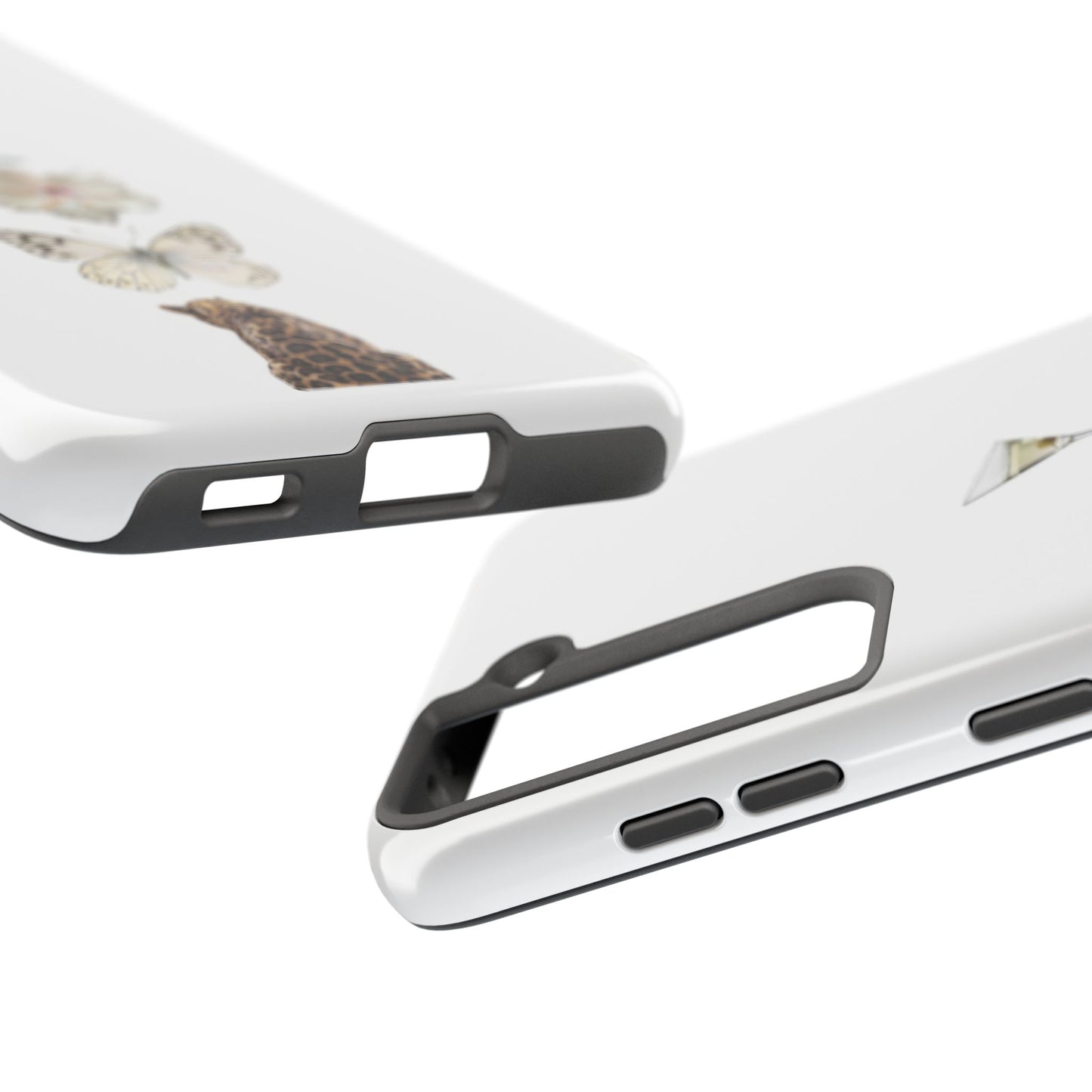 Elegant Nature-Inspired Tough Phone Case with Martini, Flower, Butterfly, and Leopard Design