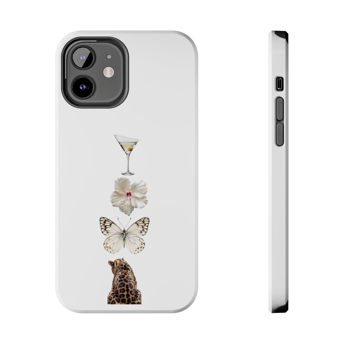 Elegant Nature-Inspired Tough Phone Case with Martini, Flower, Butterfly, and Leopard Design