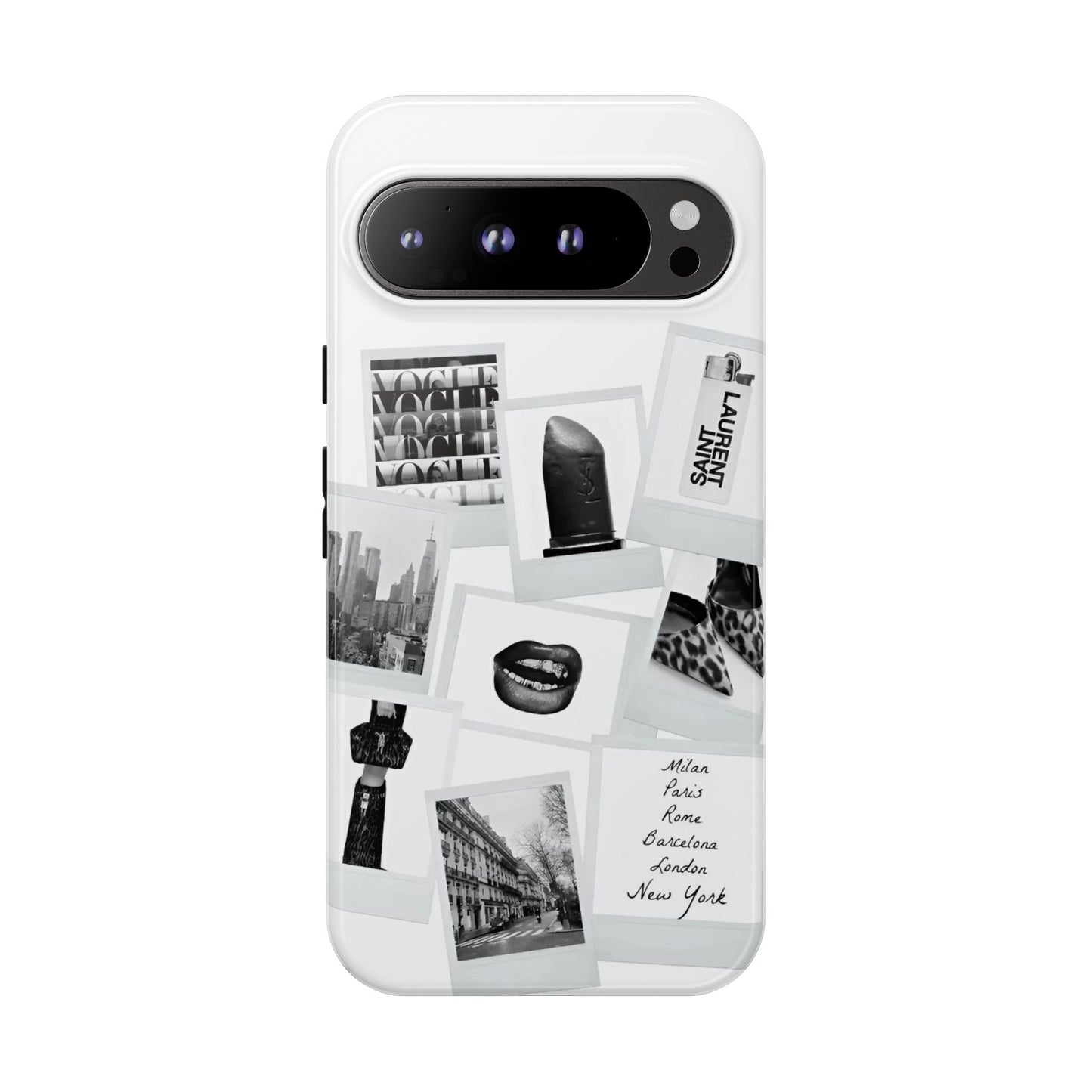 Phone Case — Black & White Polaroid Collage (City, Fashion, Lipstick)