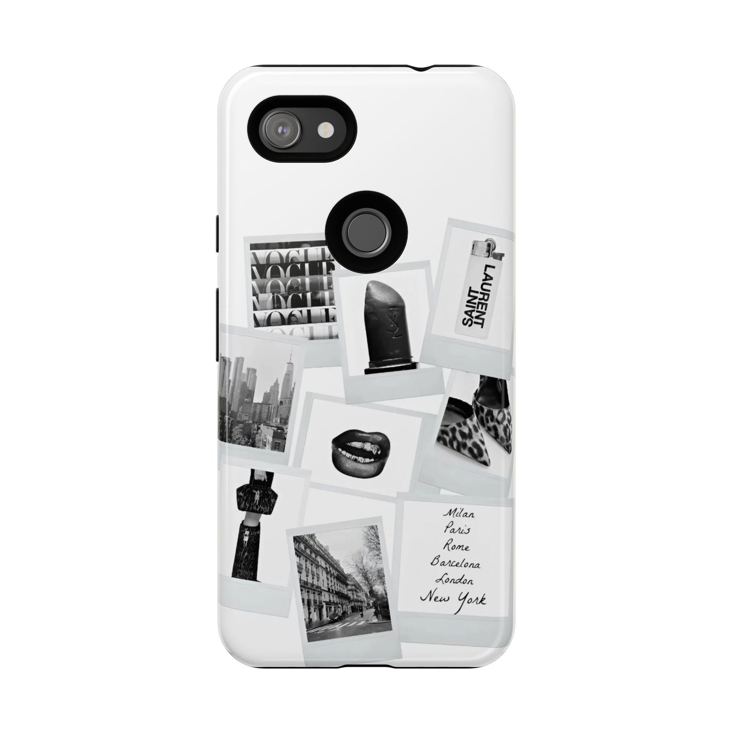 Phone Case — Black & White Polaroid Collage (City, Fashion, Lipstick)