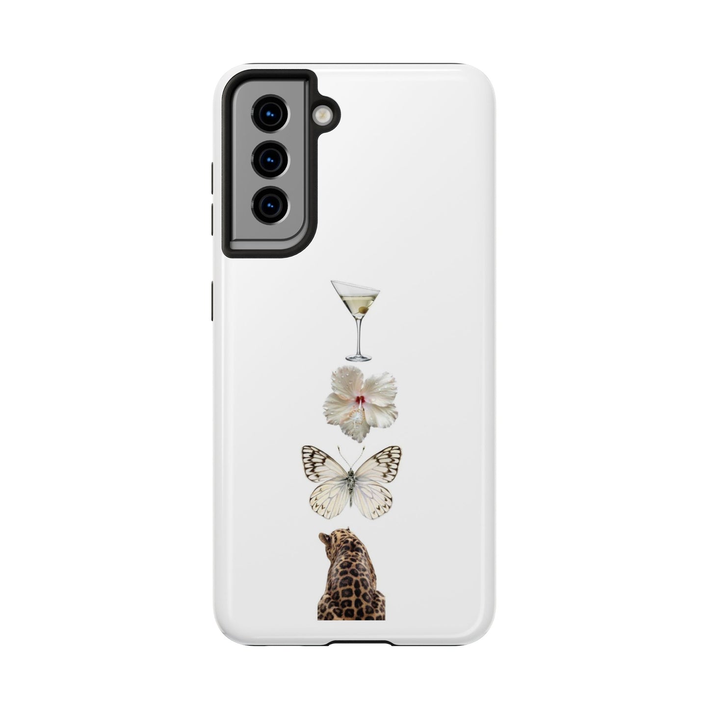 Elegant Nature-Inspired Tough Phone Case with Martini, Flower, Butterfly, and Leopard Design