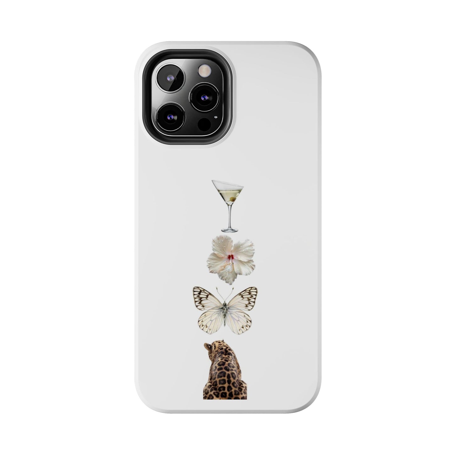 Elegant Nature-Inspired Tough Phone Case with Martini, Flower, Butterfly, and Leopard Design