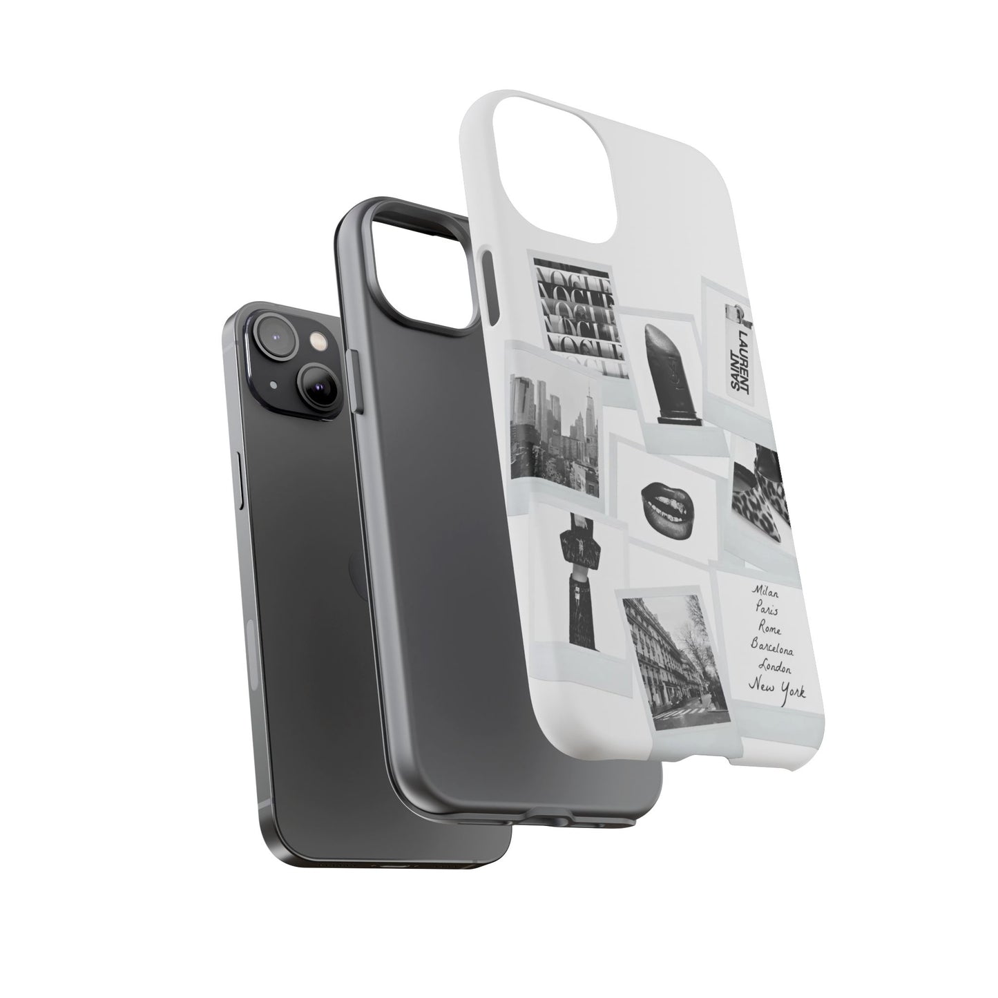 Phone Case — Black & White Polaroid Collage (City, Fashion, Lipstick)