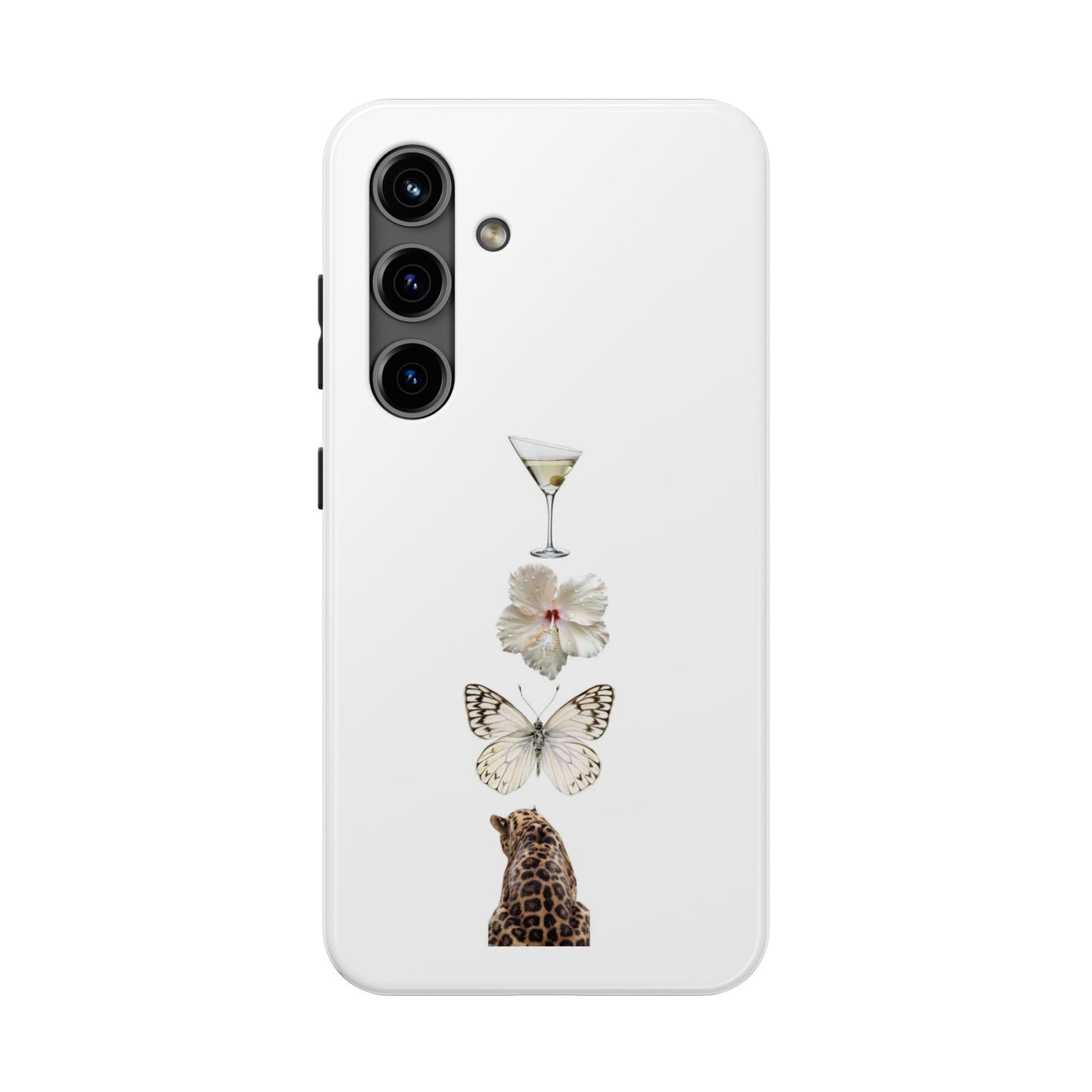 Elegant Nature-Inspired Tough Phone Case with Martini, Flower, Butterfly, and Leopard Design