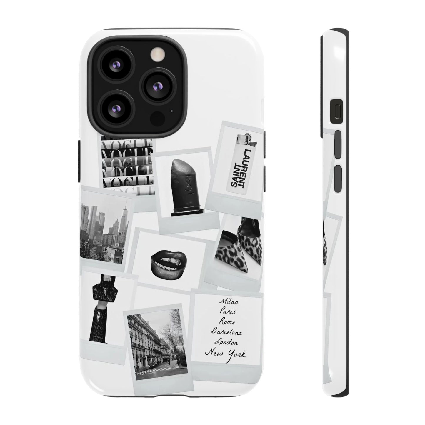 Phone Case — Black & White Polaroid Collage (City, Fashion, Lipstick)