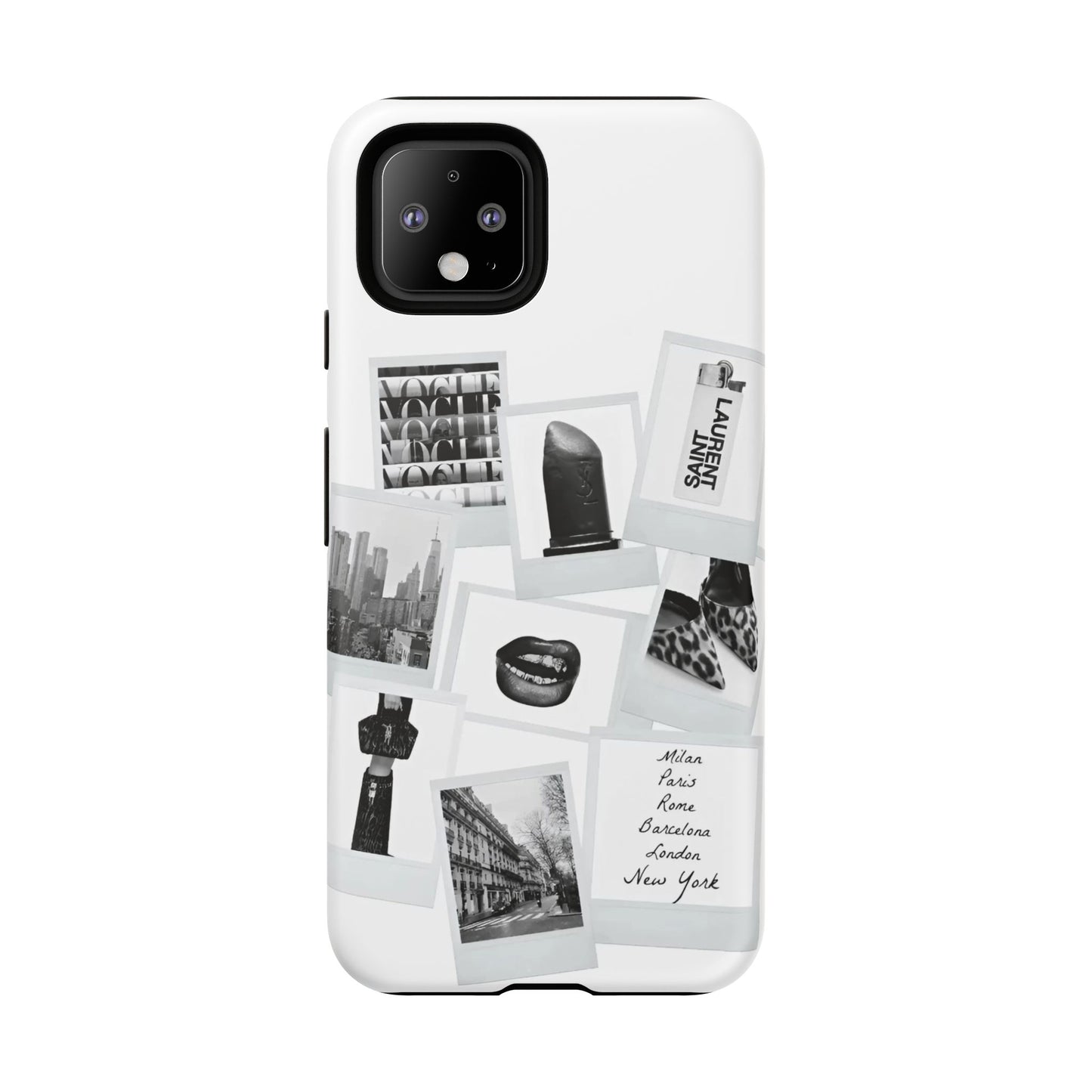 Phone Case — Black & White Polaroid Collage (City, Fashion, Lipstick)