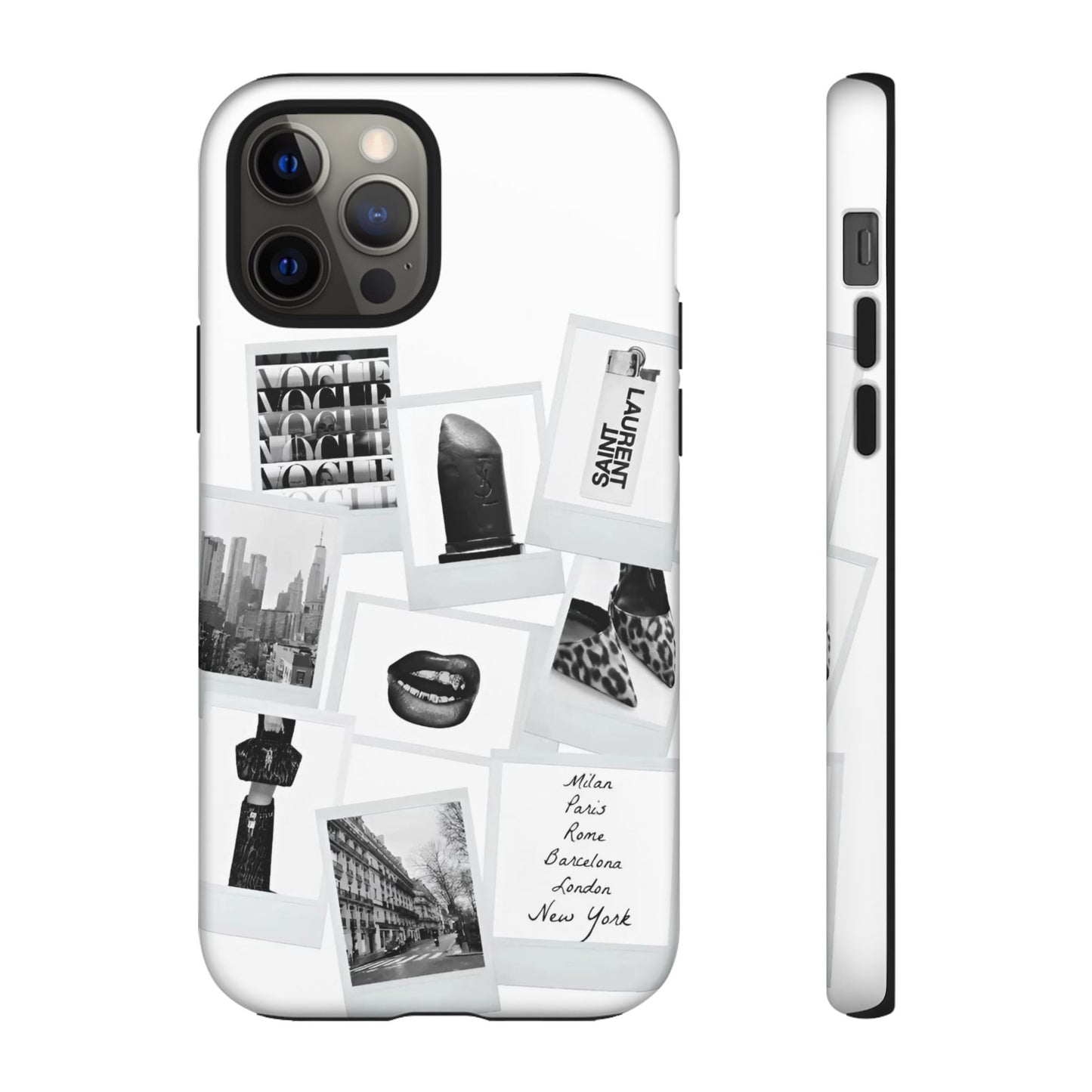 Phone Case — Black & White Polaroid Collage (City, Fashion, Lipstick)
