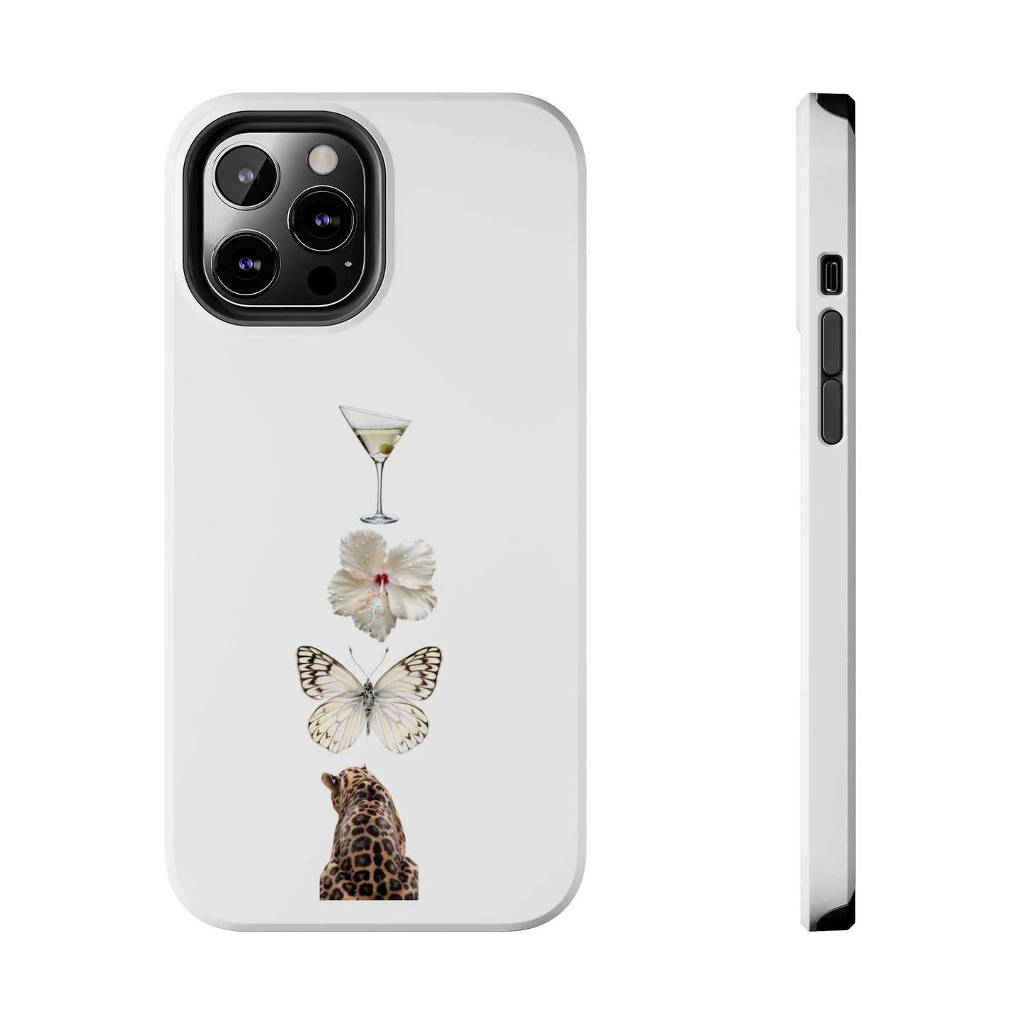 Elegant Nature-Inspired Tough Phone Case with Martini, Flower, Butterfly, and Leopard Design
