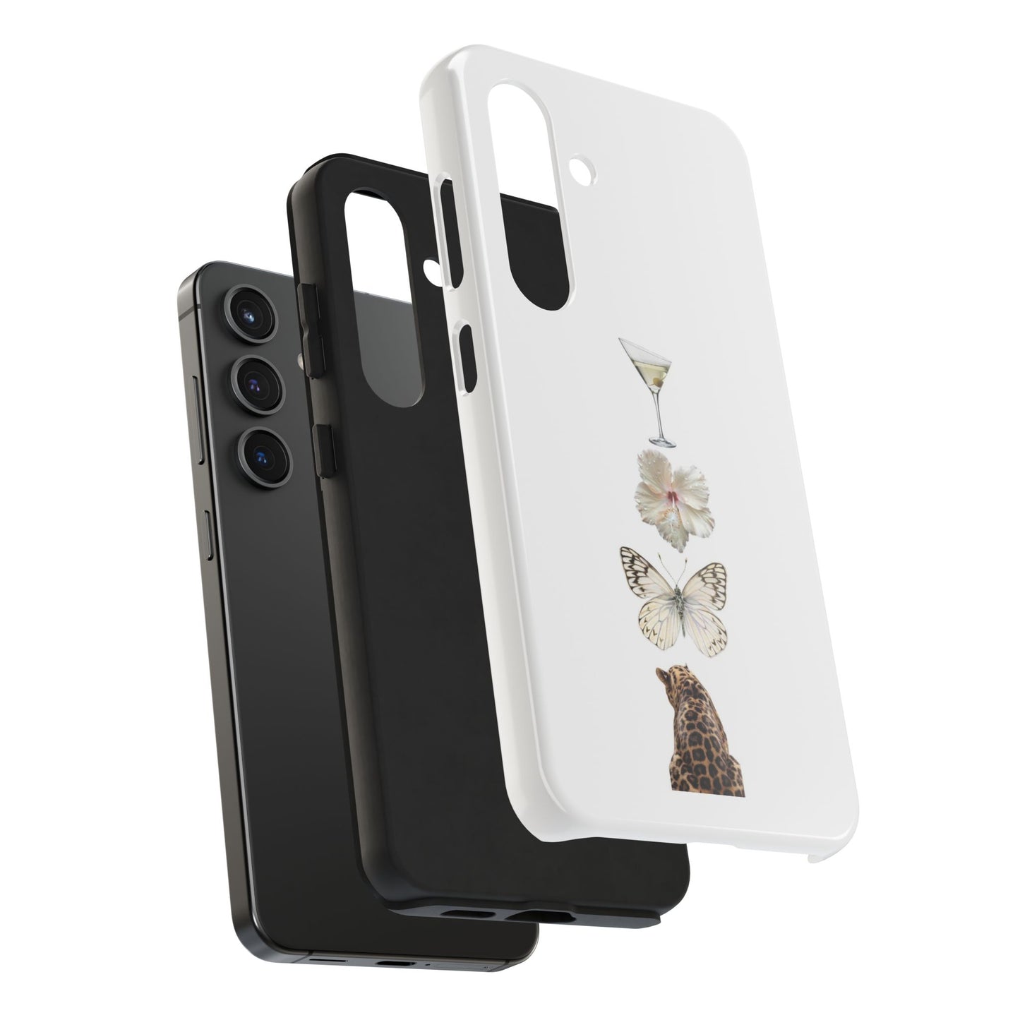 Elegant Nature-Inspired Tough Phone Case with Martini, Flower, Butterfly, and Leopard Design