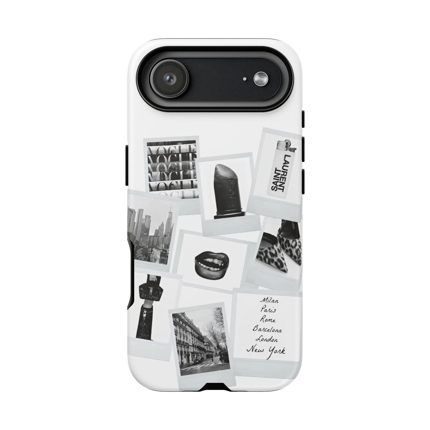 Phone Case — Black & White Polaroid Collage (City, Fashion, Lipstick)