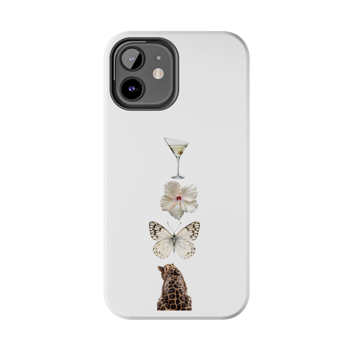Elegant Nature-Inspired Tough Phone Case with Martini, Flower, Butterfly, and Leopard Design