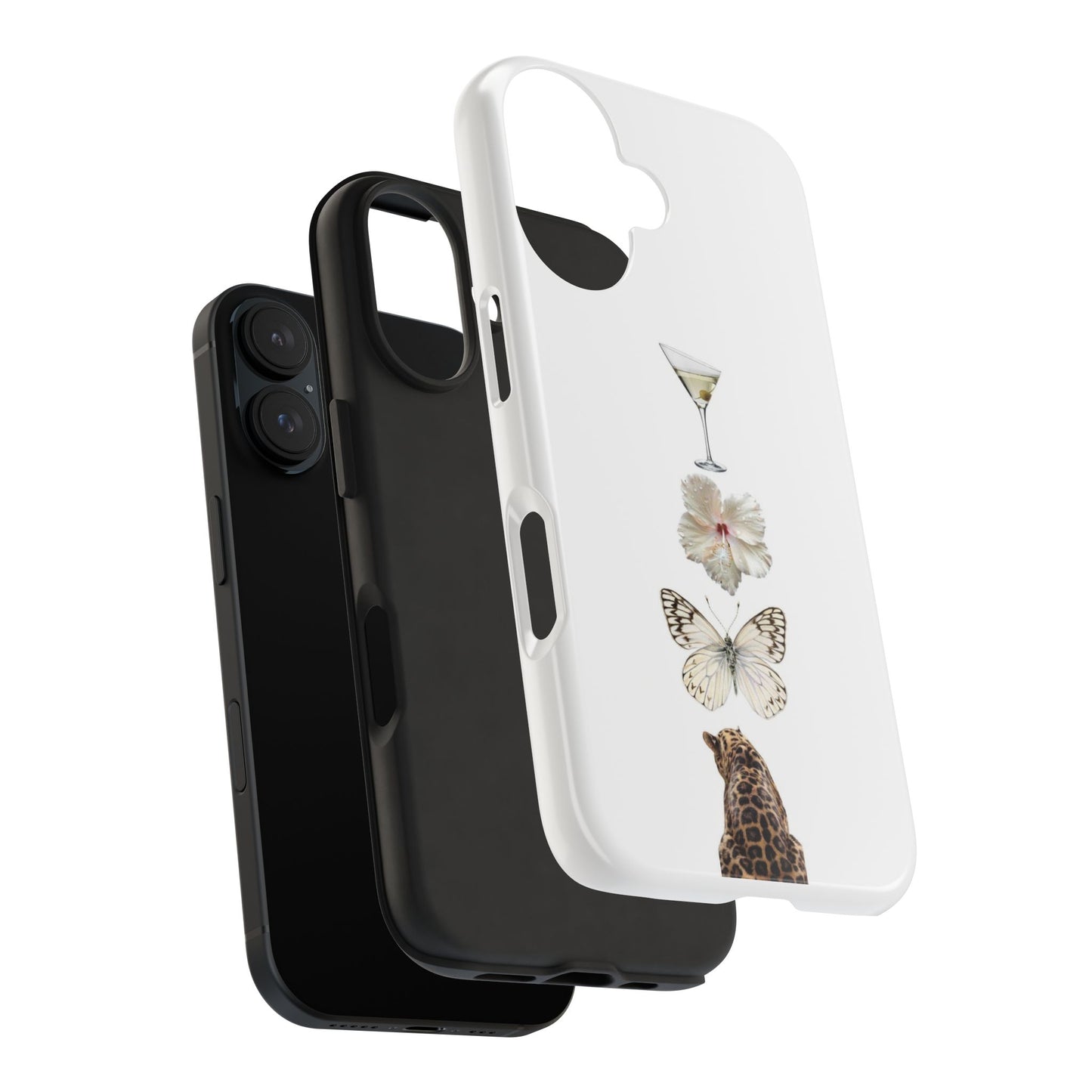 Elegant Nature-Inspired Tough Phone Case with Martini, Flower, Butterfly, and Leopard Design