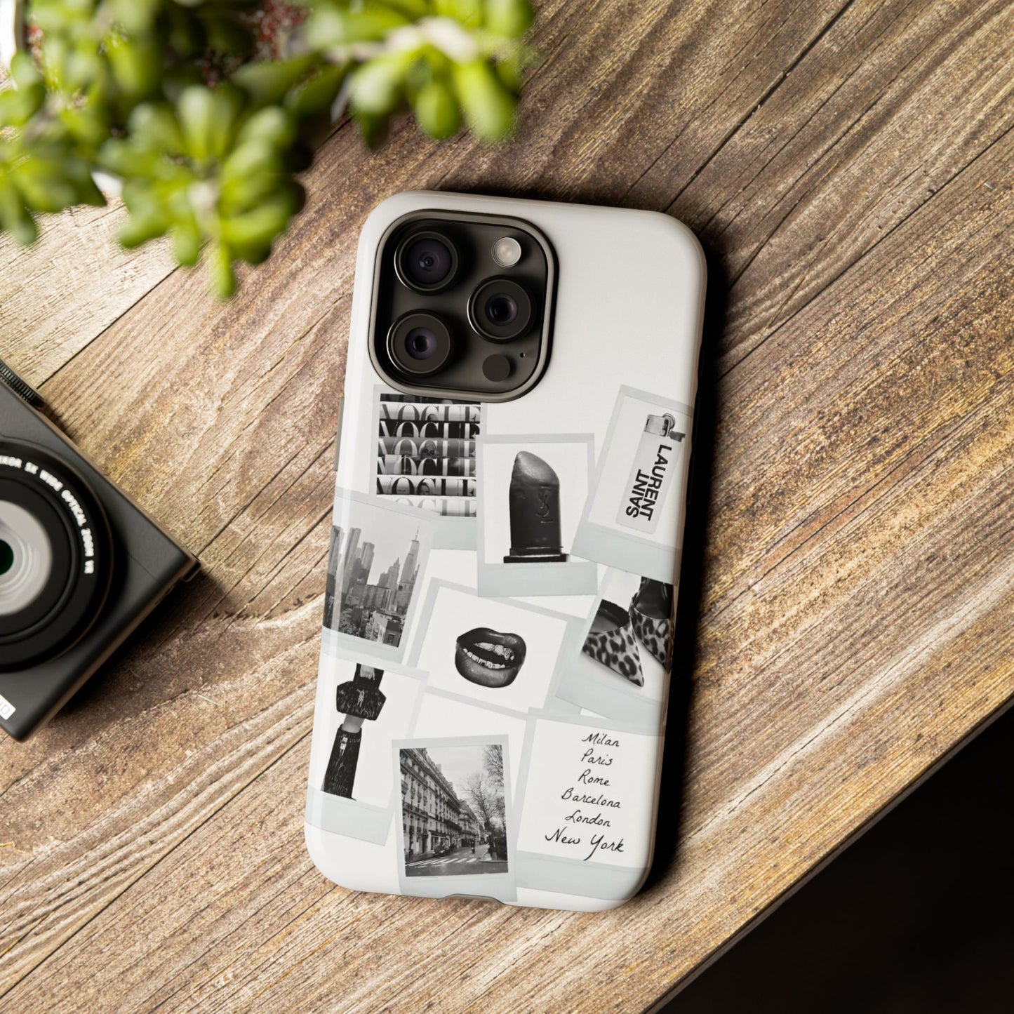 Phone Case — Black & White Polaroid Collage (City, Fashion, Lipstick)