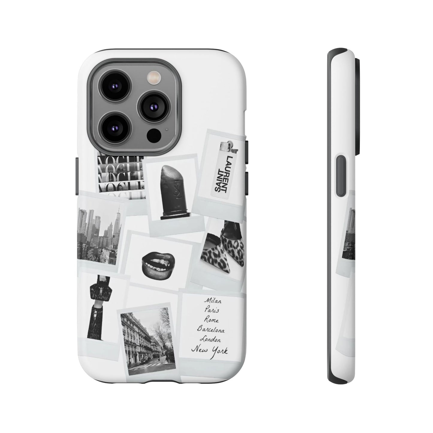 Phone Case — Black & White Polaroid Collage (City, Fashion, Lipstick)