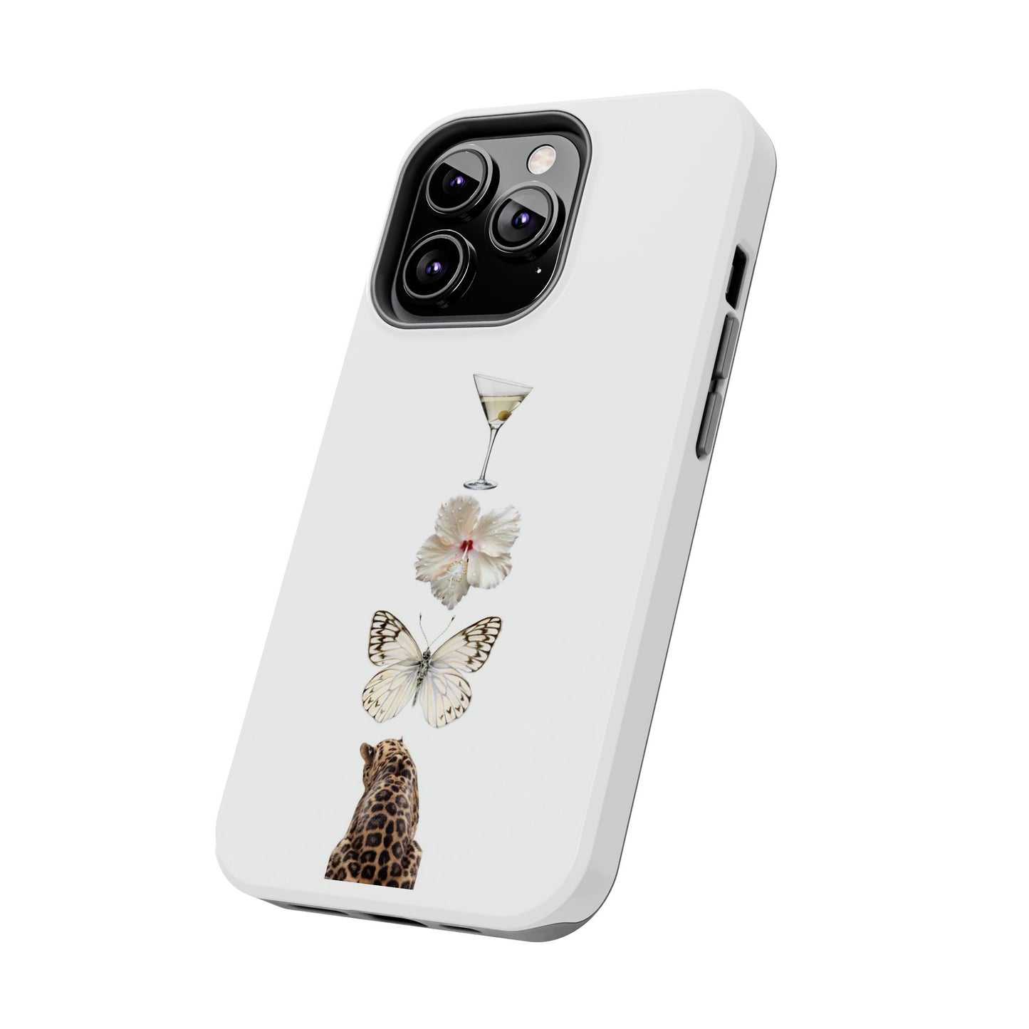 Elegant Nature-Inspired Tough Phone Case with Martini, Flower, Butterfly, and Leopard Design