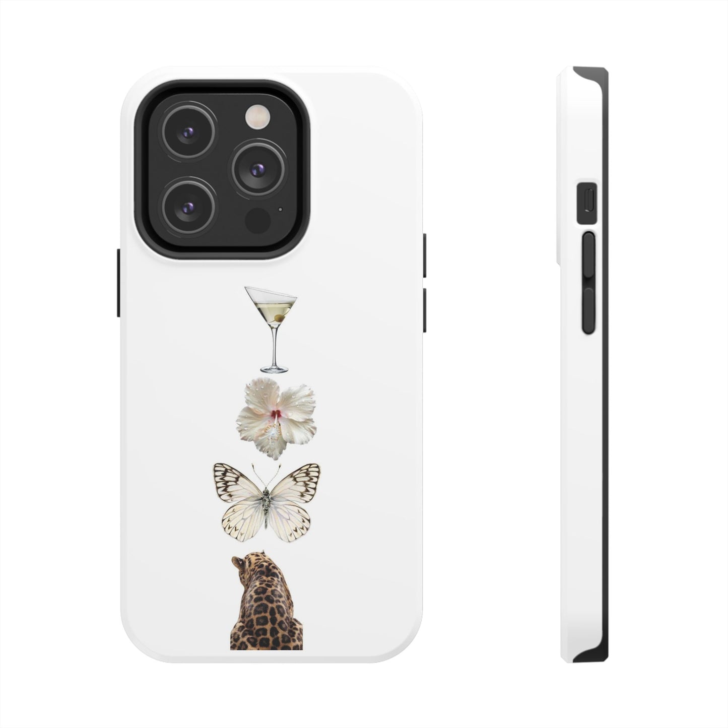 Elegant Nature-Inspired Tough Phone Case with Martini, Flower, Butterfly, and Leopard Design